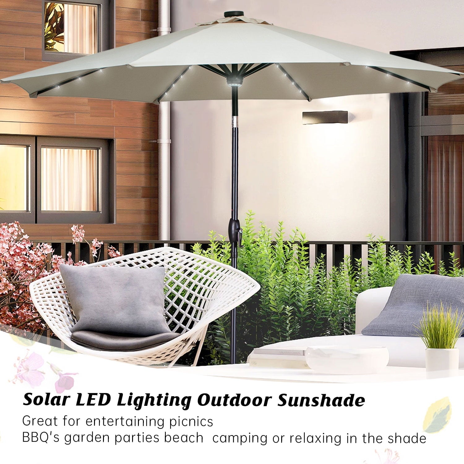 Autlaycil 10 ft Solar Patio Umbrellas with 40 LED lights for Market Outdoor Pool, Steel Tilt Crank, Navy Blue