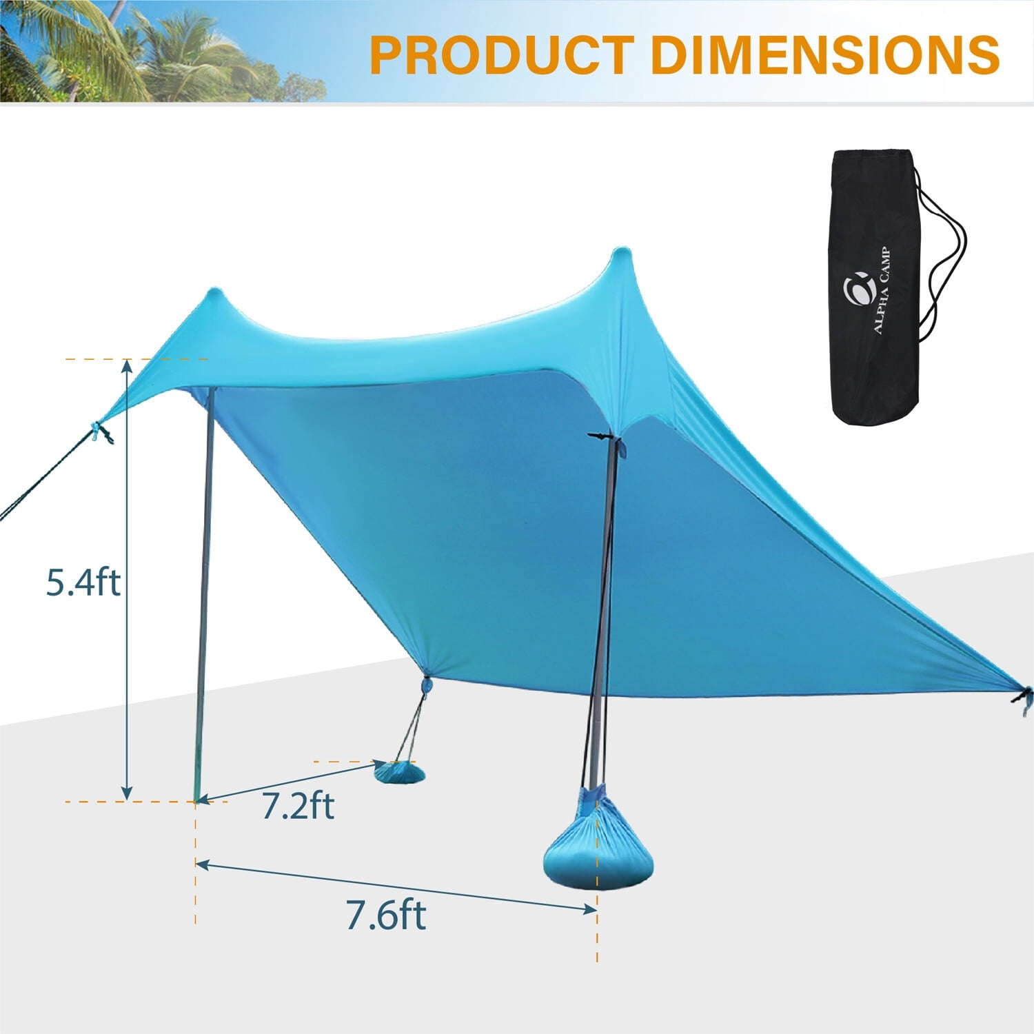 Alpha Camper Sunshade Beach Tent Sun Shelter UPF 50+ Portable Canopy Tent 7.6'x7.2' for 3-4 Person, Blue