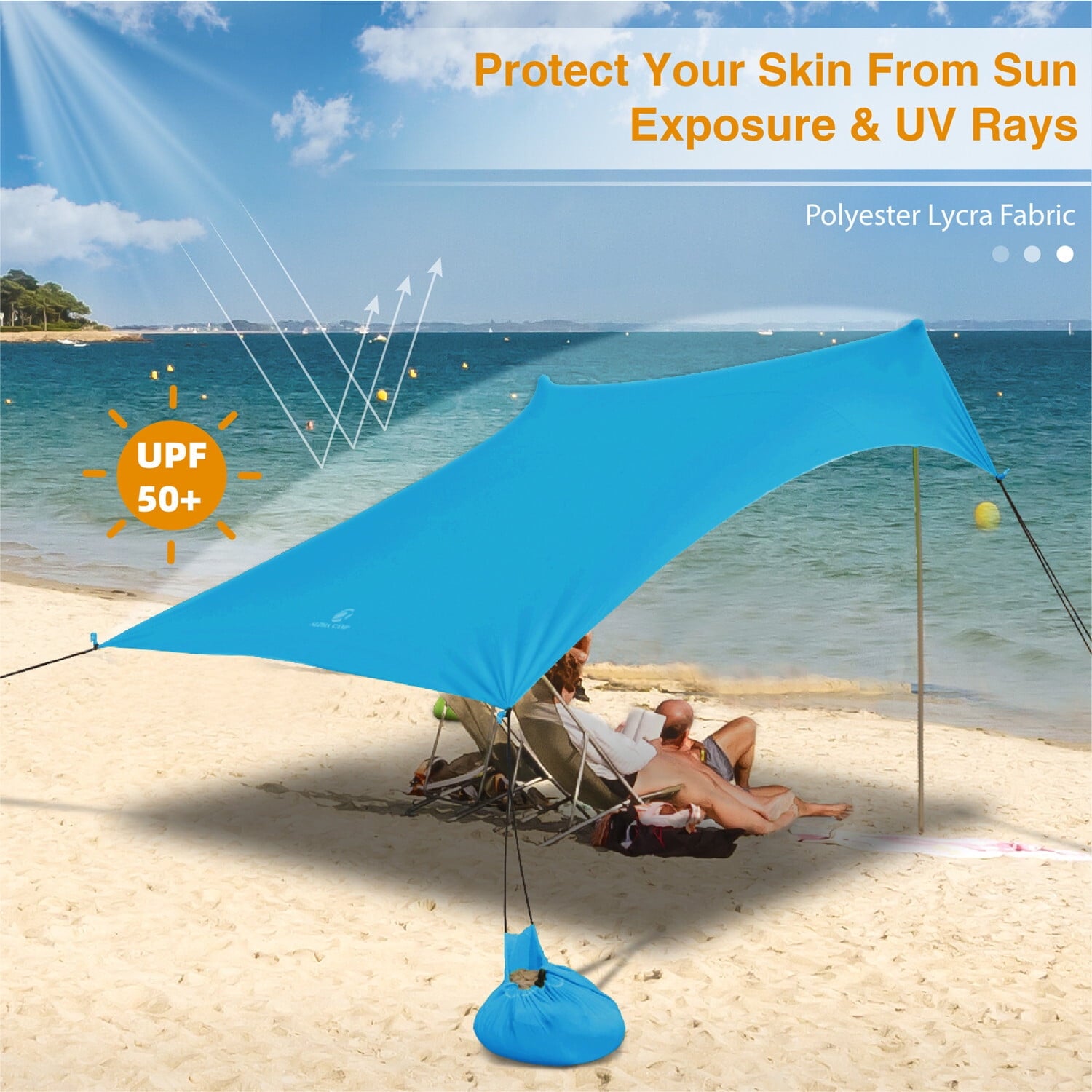 Alpha Camper Sunshade Beach Tent Sun Shelter UPF 50+ Portable Canopy Tent 7.6'x7.2' for 3-4 Person, Blue