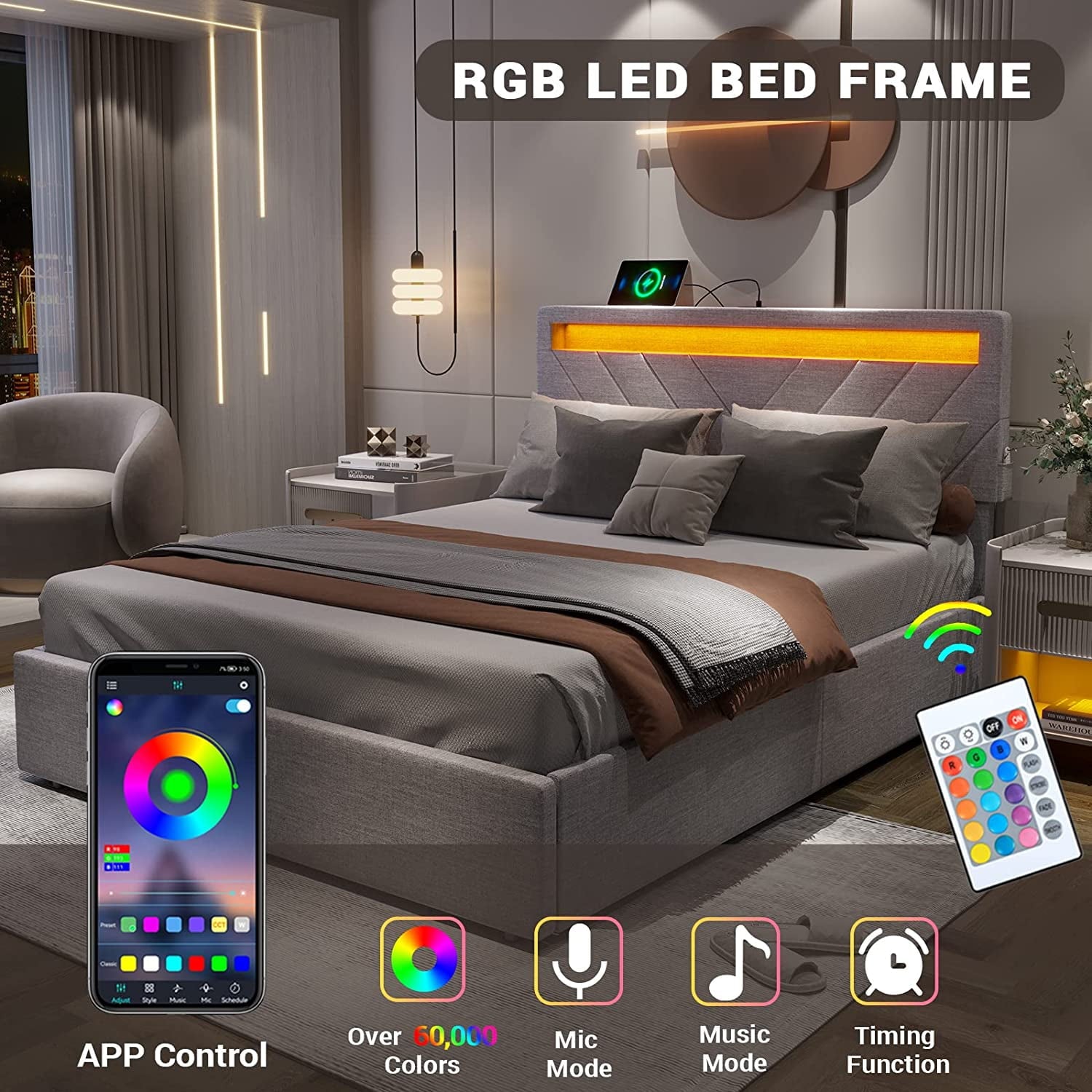 Afuhokles Queen Bed Frame with LED Lights Headboard, 4 Drawers,2 USB Charging Station, Upholstered Platform Bed, Dark Gray