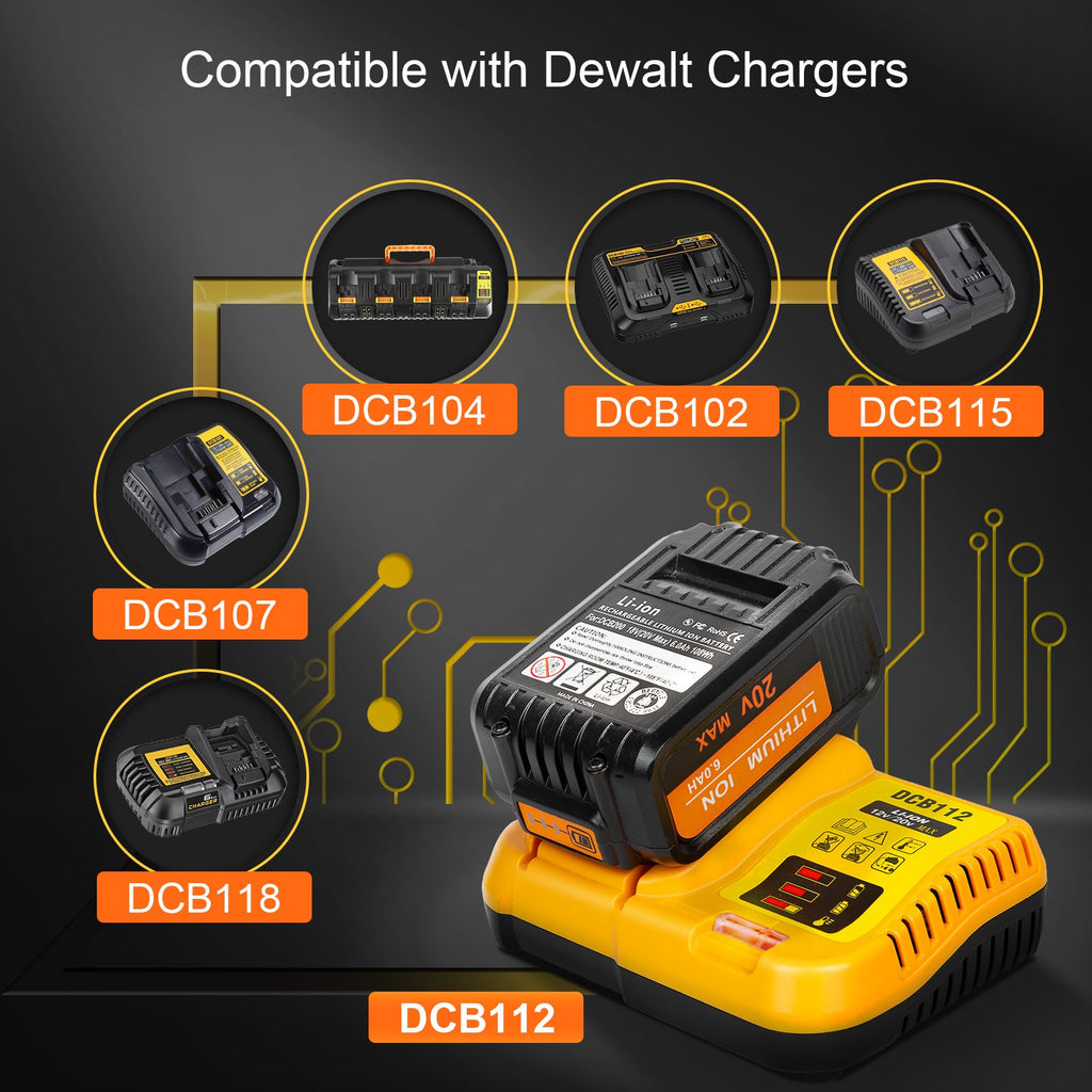 2 Pack DCB200 20V 6.0Ah Battery Replacement for Dewalt 20V Battery DCB206 DCB205 DCB204