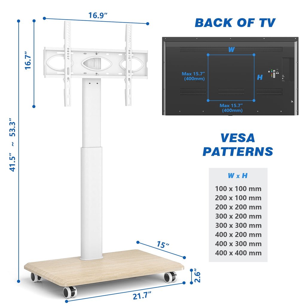 5Rcom Modern Floor Rolling TV Stand for TVs up to 65 inch, White, Wooden Base