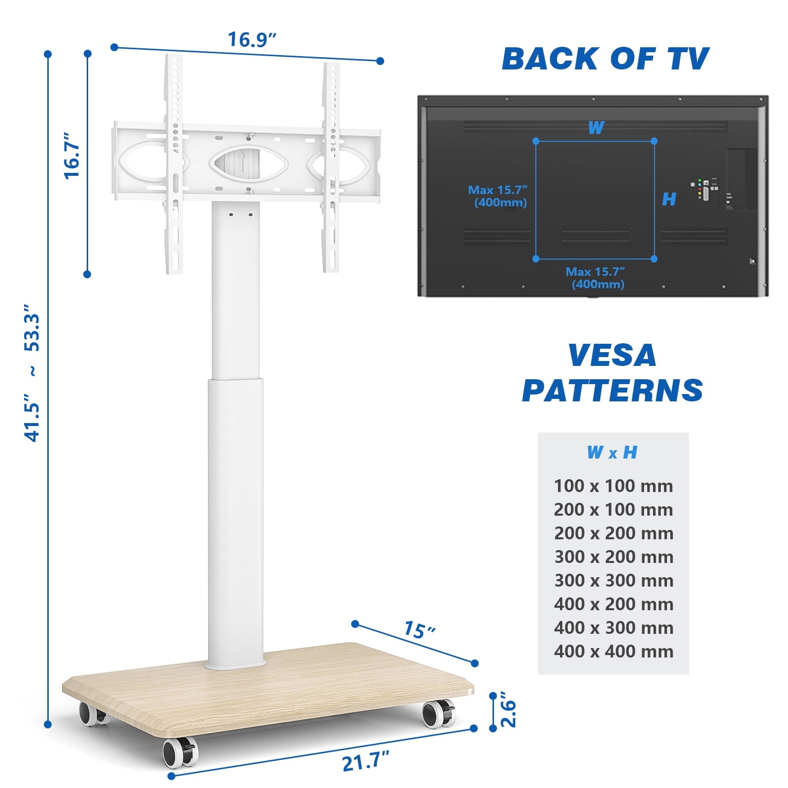 5Rcom Modern Floor Rolling TV Stand for TVs up to 65 inch, White, Wooden Base