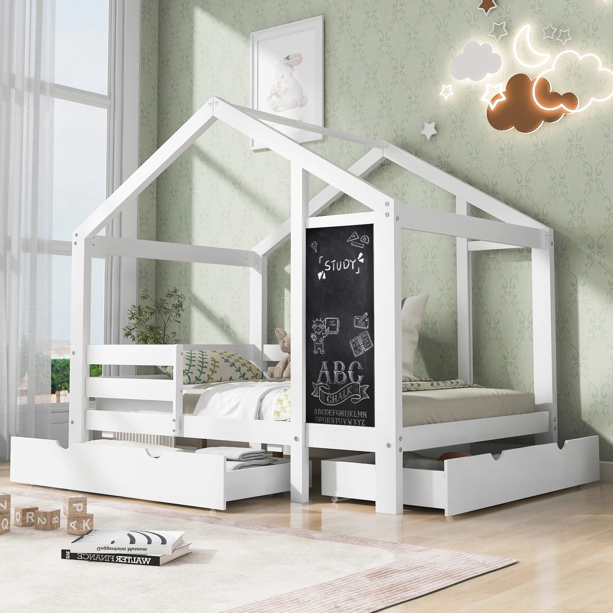 Bellemave Full Size House Bed with Storage Drawers and Blackboard Playhouse Platform Bed with Guardrails and Wooden Slats Montessori Full House Bed for Kids, Boys, Girls, 2 Assembly Options, White