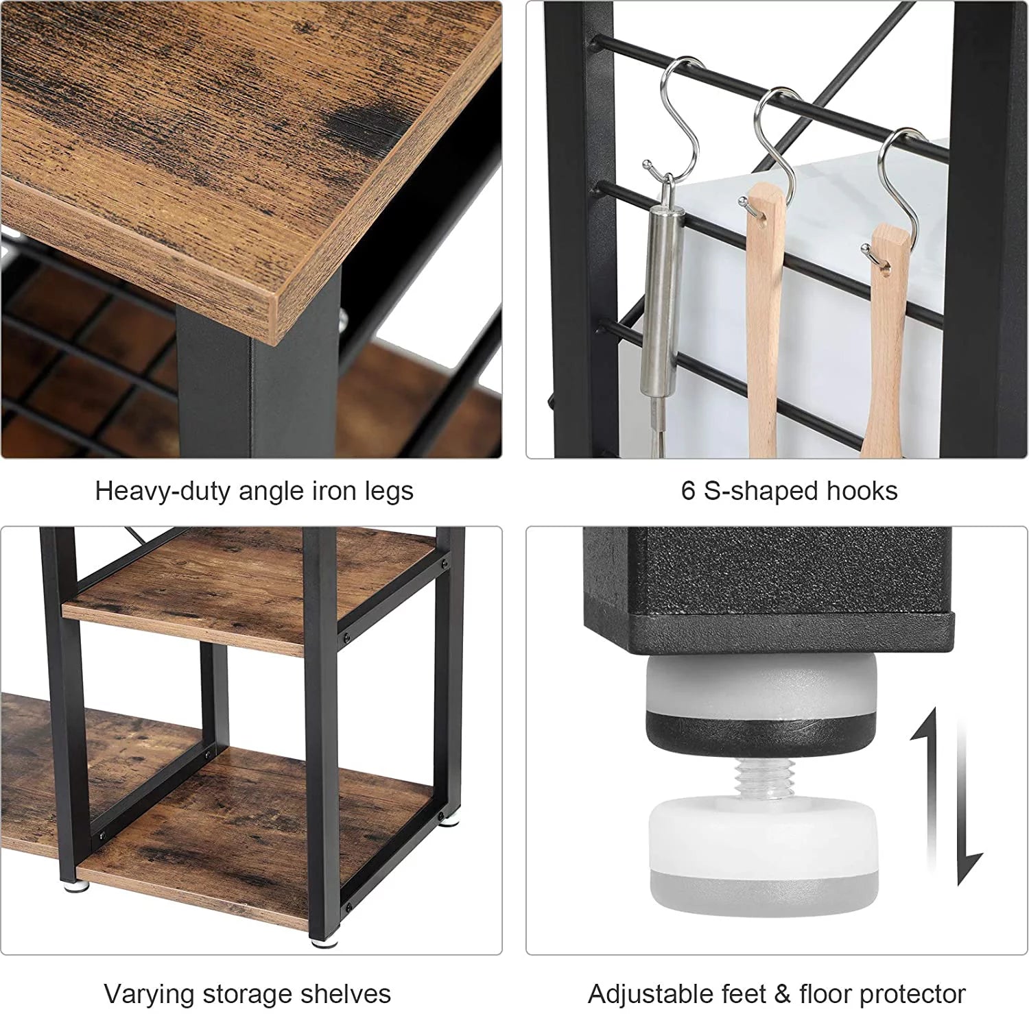 35" Industrial Kitchen Baker's Rack, Coffee Bar, Microwave Oven Stand Metal Frame, Wire Basket 6 Hooks Mini Oven
