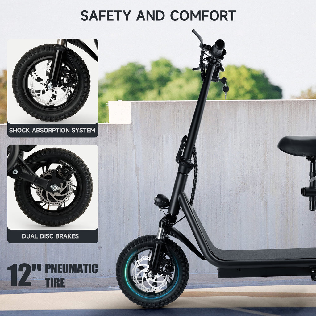 ARTUDATECH 500W Adult Shock Absorption Electric Scooter with Seat 12" Commuter Electric Scooter With Carry Basket - Up to 25 Miles 18.6MPH