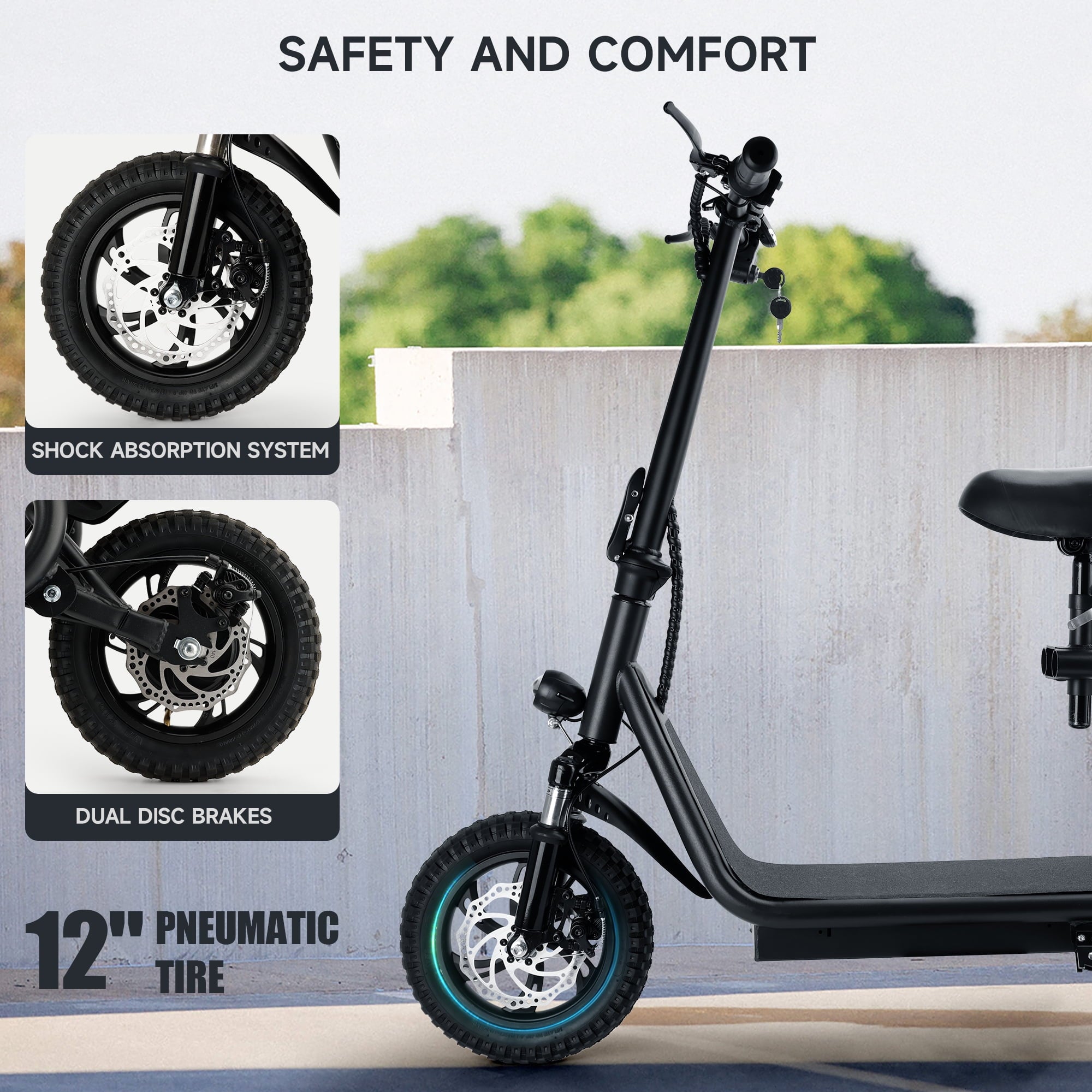 ARTUDATECH 500W Adult Shock Absorption Electric Scooter with Seat 12" Commuter Electric Scooter With Carry Basket - Up to 25 Miles 18.6MPH