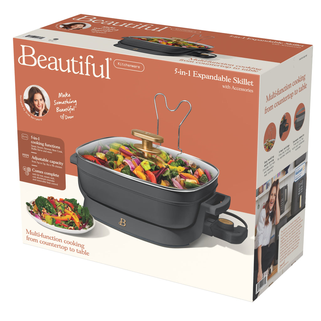 Beautiful 5 in 1 Electric Skillet - Expandable up to 7 Qt with Glass Lid, White Icing by Drew Barrymore