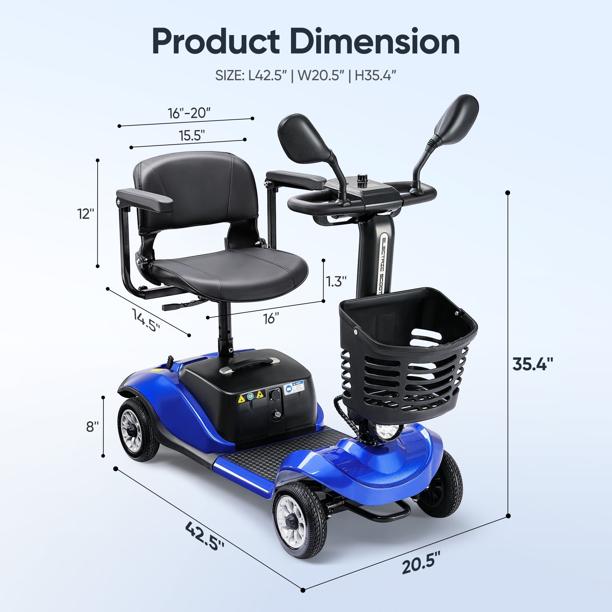 4 Wheels Mobility Scooter Electric Mobility Scooter Wheelchair w/Basket and Extended Battery for Seniors Adults Blue