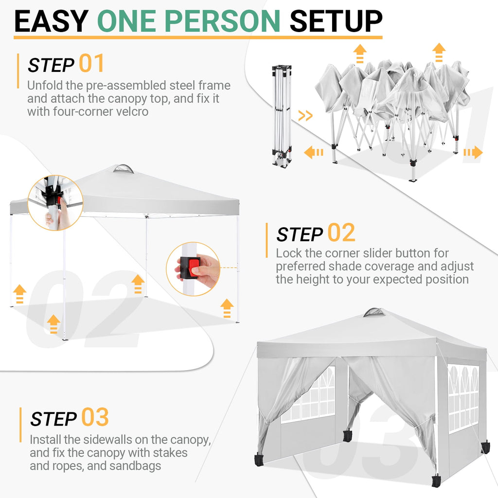 10'x10' EZ Pop Up Canopy with Top Vent, Large Commercial Tent, Waterproof and Sunproof with 4 Removable Sidewalls, Suitable for Weddings come with 4 Sandbags (Black)