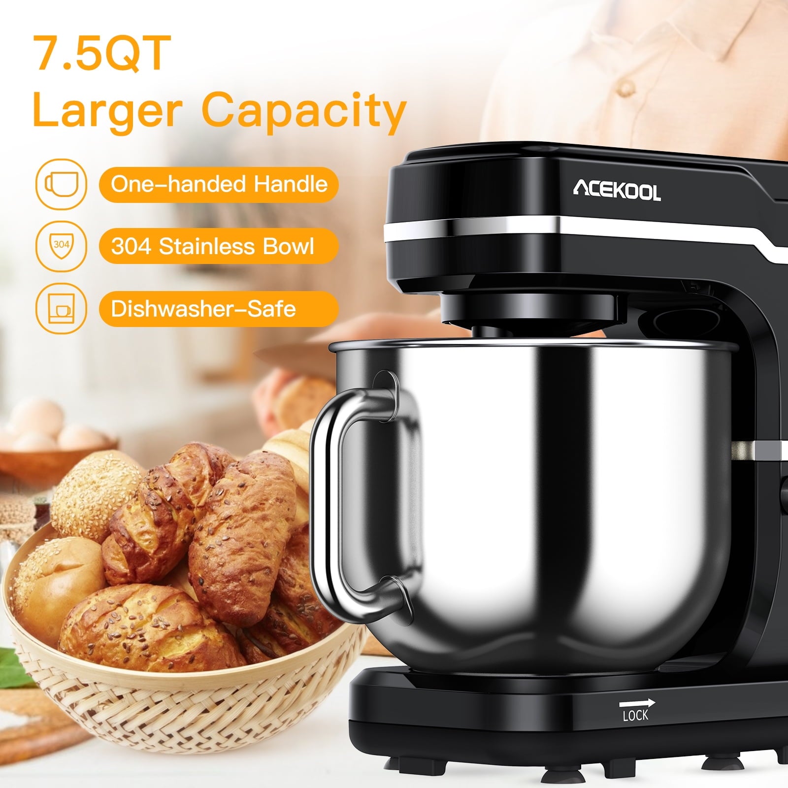 Acekool Stand Mixer, 7.5Qt 10 Speed 660W Tilt Head Electric Food Mixer