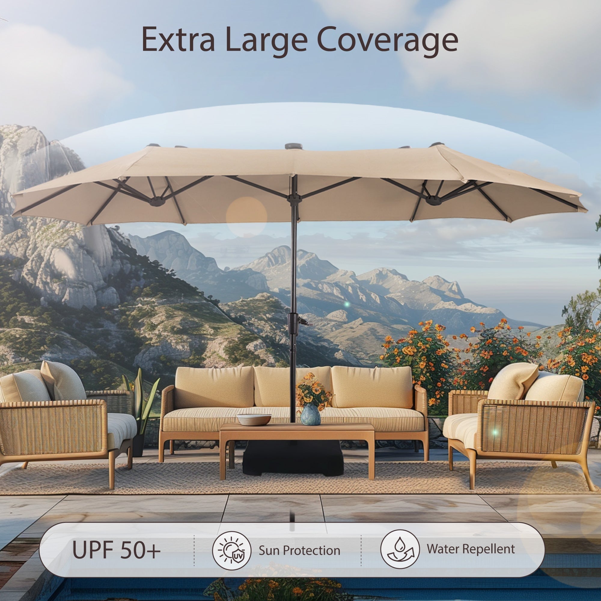 Alpha Joy 13x6.5ft Double-Sided Extra Large Outdoor Patio Umbrella with Crank Handle, Beige