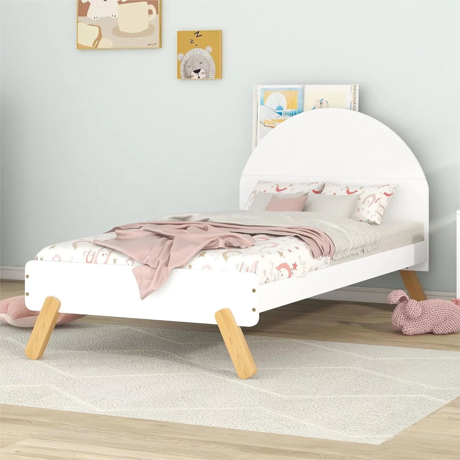 Bed Frame, Cute Platform Bed With Curved Headboard And Shelf Behind, Solid Wood Bed For Kids Teens Adults Girls Boys, No Box Spring Needed ( Size, White)