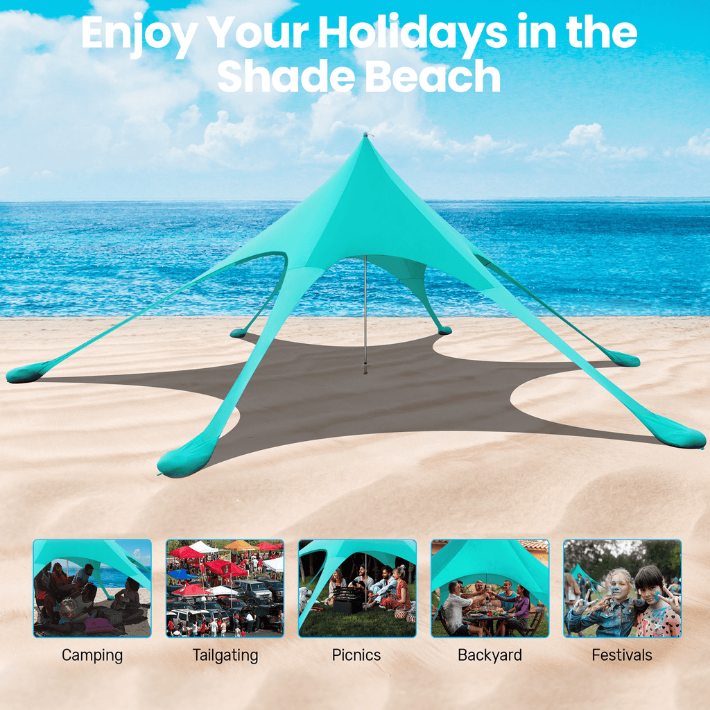 Beach Canopy Tent Sun Shade, VECUKTY 12x12 FT Beach Tent Sun Shelter UPF 50+ UV Protection with Sandbags , 1 Stability Poles and Ground Pegs and Anti-Wind Ropes,Blue