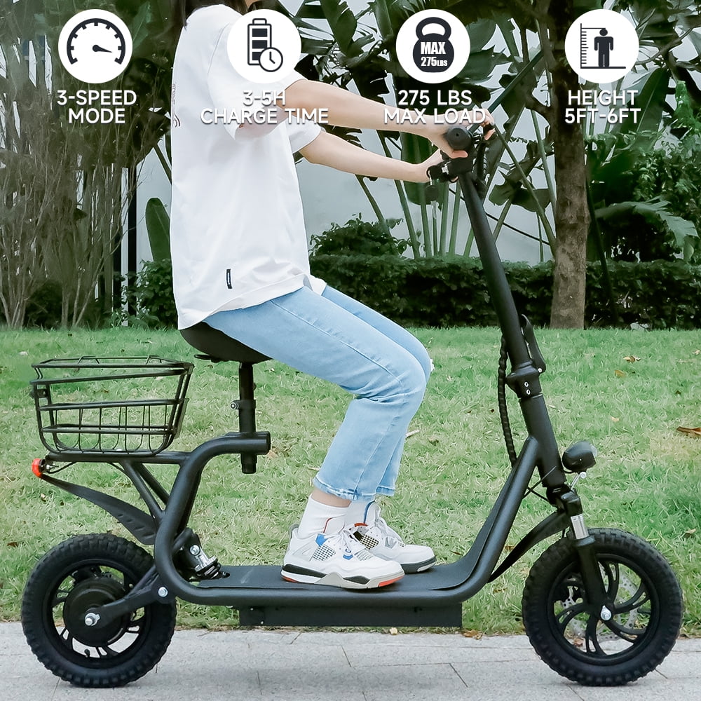 ARTUDATECH 500W Adult Shock Absorption Electric Scooter with Seat 12" Commuter Electric Scooter With Carry Basket - Up to 25 Miles 18.6MPH
