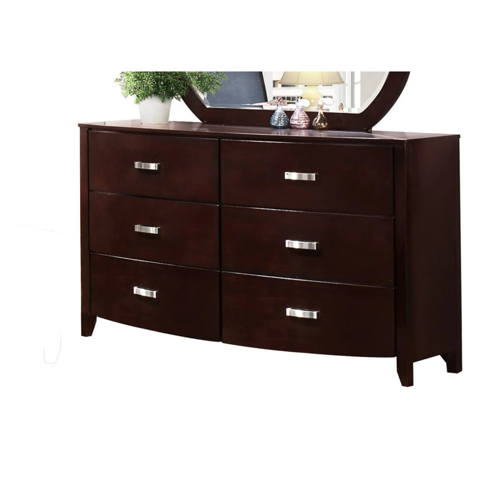 61 Inch 6 Drawer Wood Dresser, Metal Handles, Cherry Brown