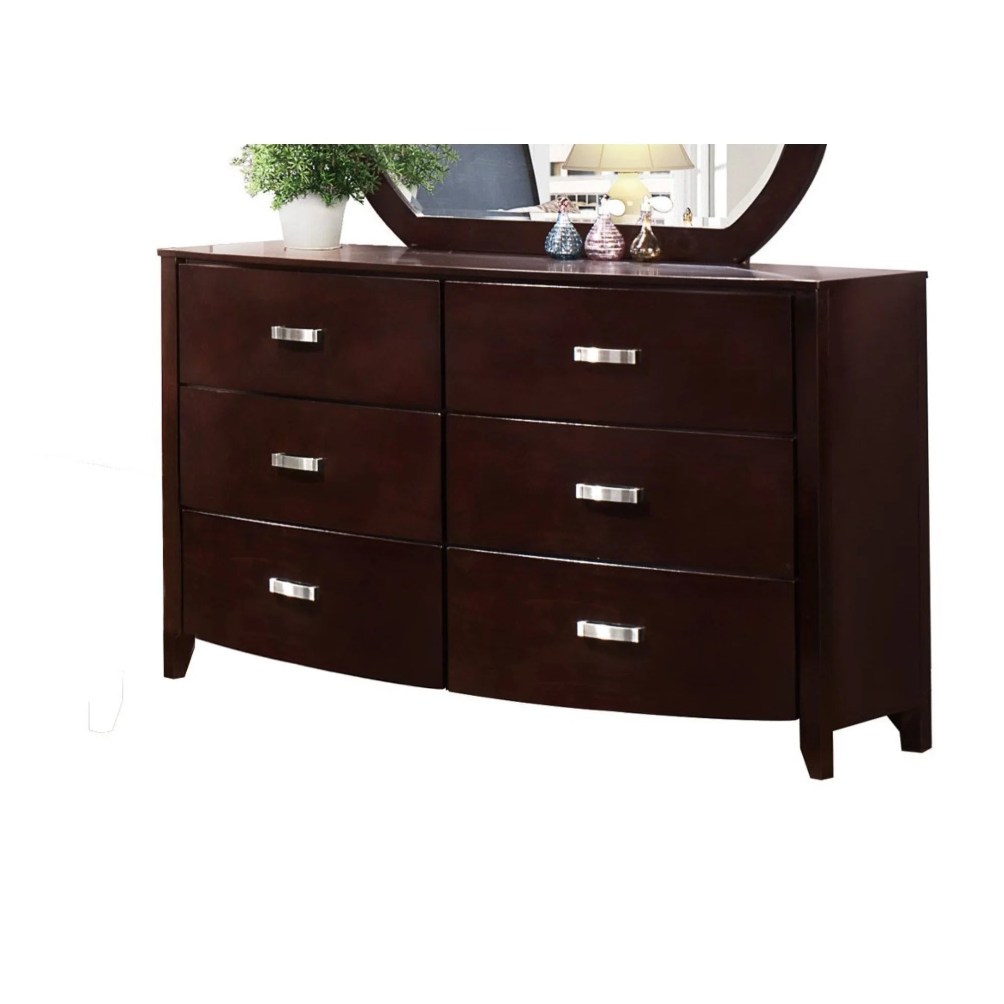 61 Inch 6 Drawer Wood Dresser, Metal Handles, Cherry Brown
