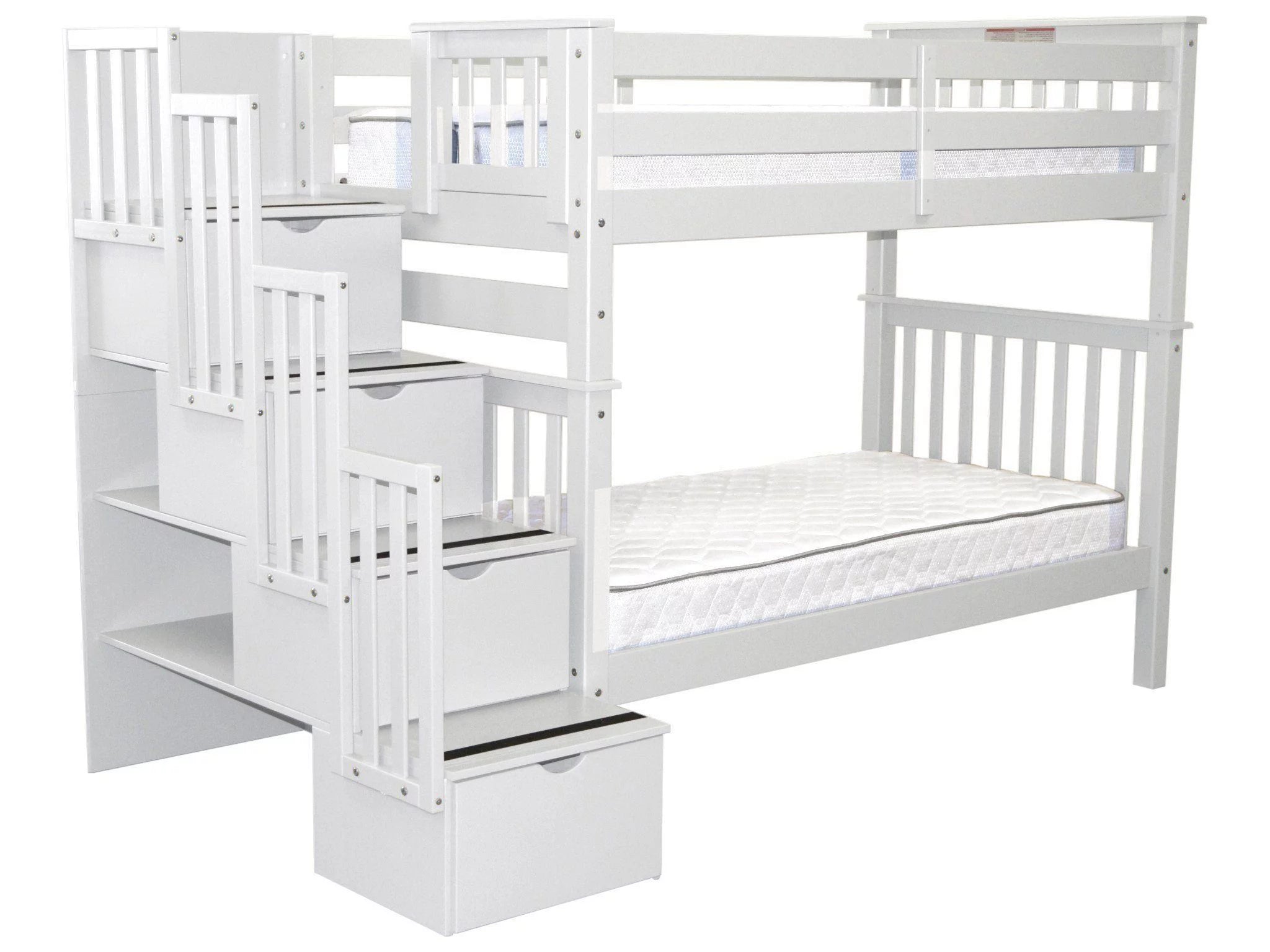 Bedz King Tall Stairway Bunk Beds Twin over Twin with 4 Drawers in the Steps, White