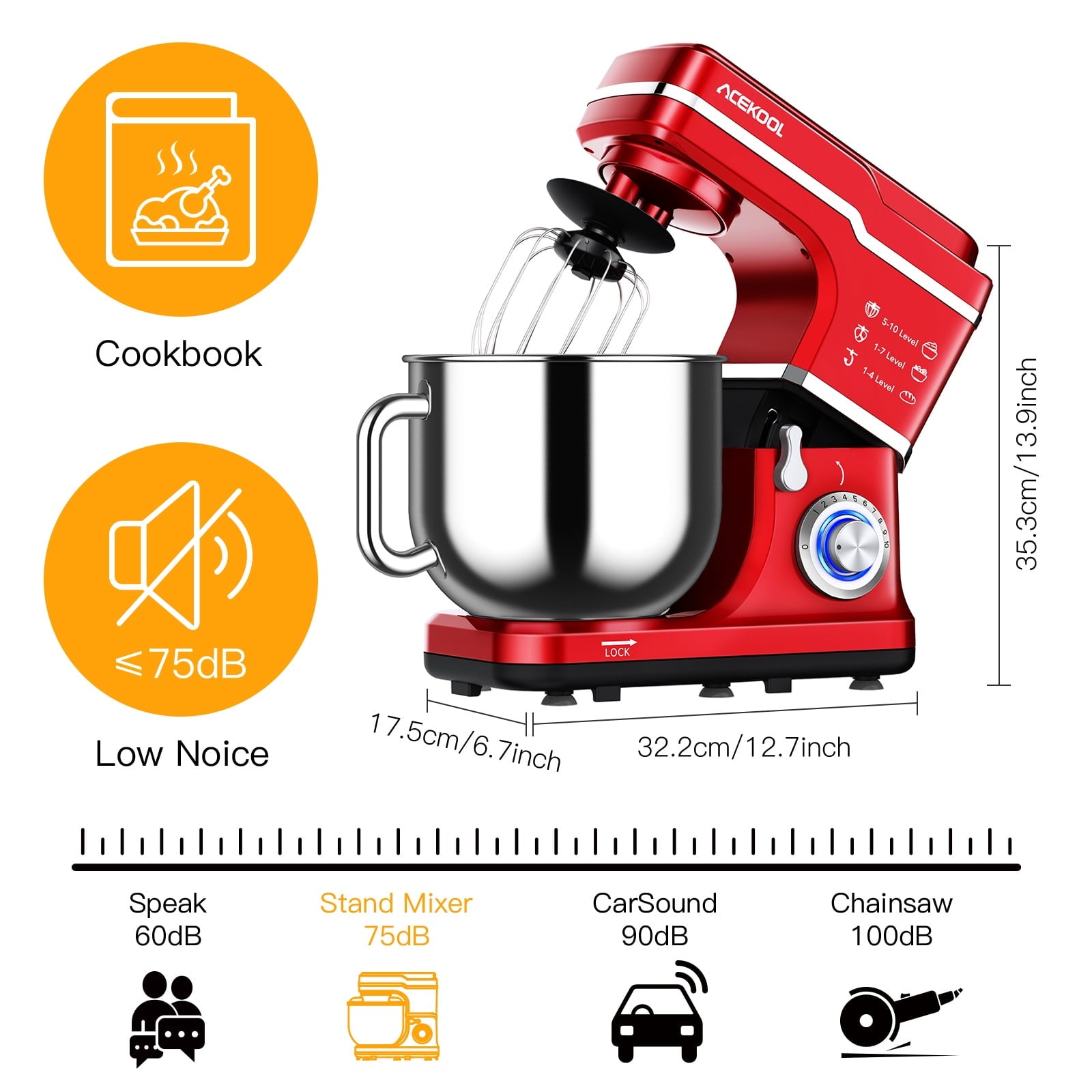 Acekool Stand Mixer, 7.5Qt 10 Speed 660W Tilt Head Electric Food Mixer