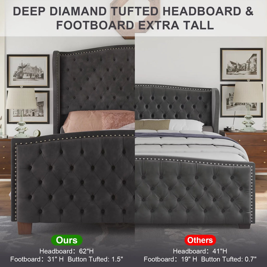 Amerlife 62" High Queen Size Platform Bed Frame, Grey