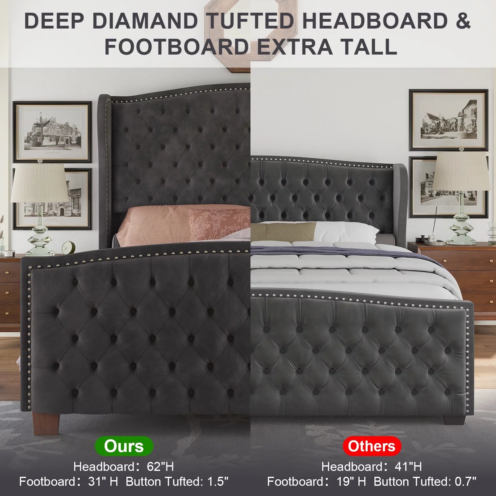 Amerlife 62" High Queen Size Platform Bed Frame, Grey