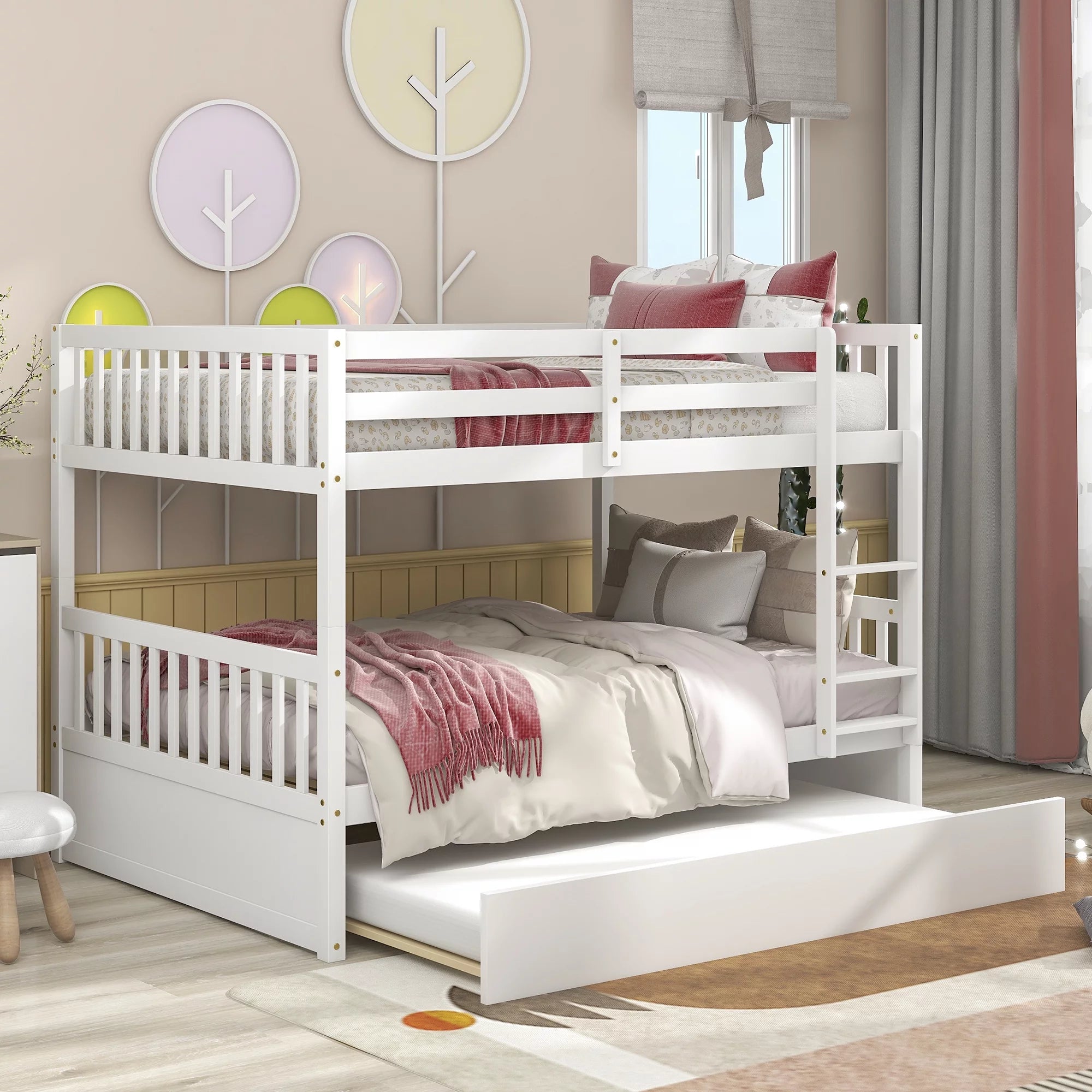 "White Full Over Full Convertible Bunk Bed with Trundle, Ladder & Safety Rails for Kids, Teens, Adults"