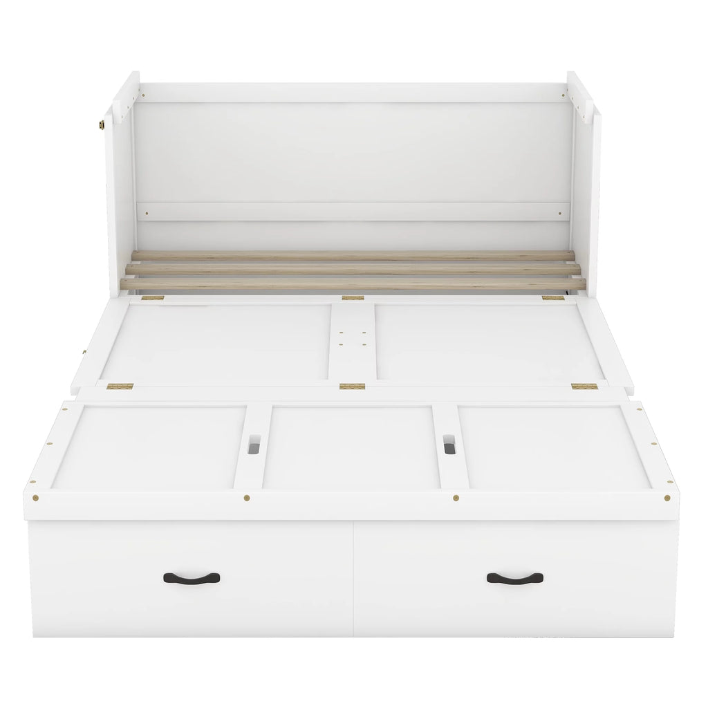 Bed Frame Wood Platform Bed with USB Port and a Large Drawer, Headboard and Guardrail, Wood Slat Support Bedframe No Box Spring Need Mattress Foundation(White, Full)