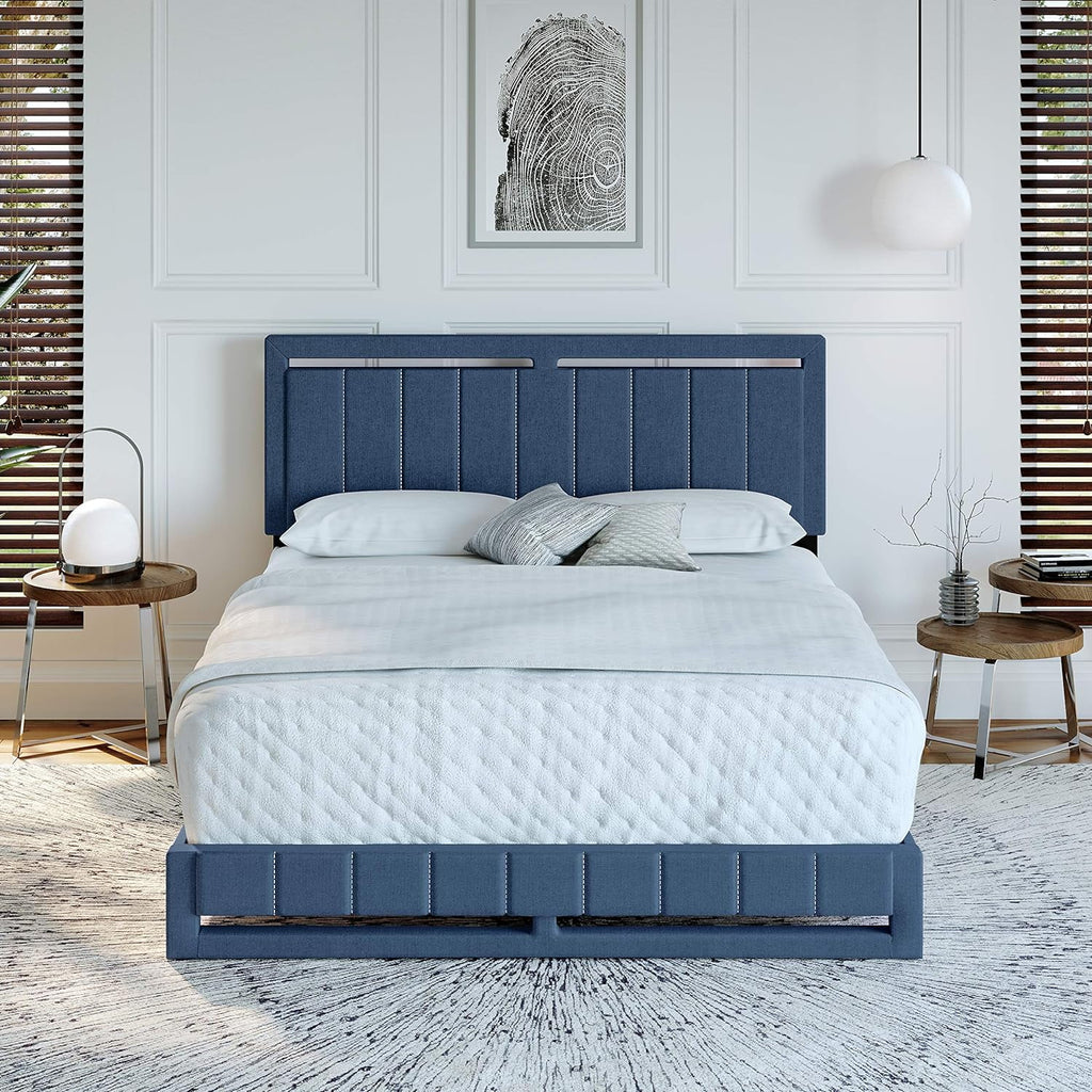Beaumont Upholstered Platform Bed With Headboard, Mattress Foundation With Strong 14 Wood Slat Supports, No Box Spring Required, Blue Linen, Size King