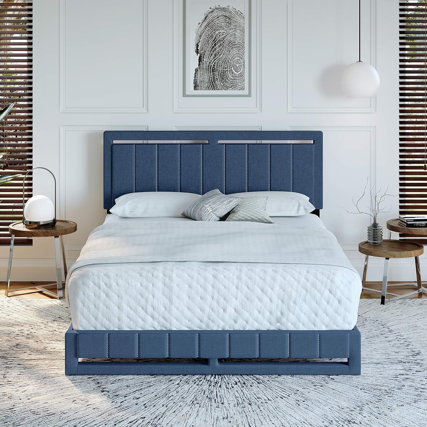 Beaumont Upholstered Platform Bed With Headboard, Mattress Foundation With Strong 14 Wood Slat Supports, No Box Spring Required, Blue Linen, Size King