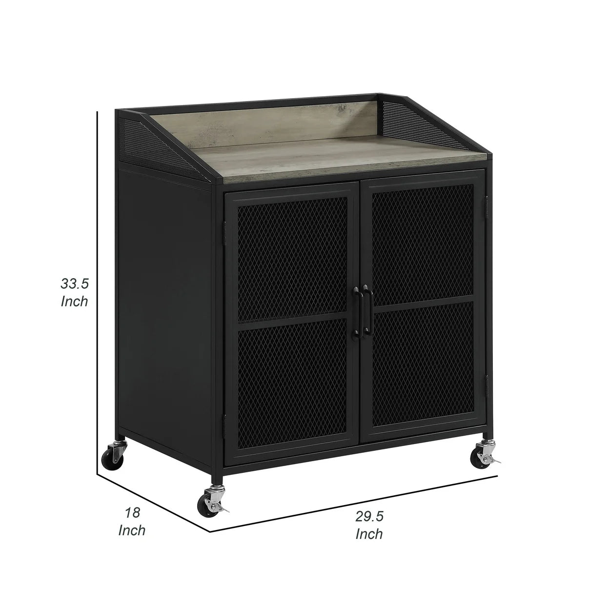34 Inch Bar Cabinet On Wheels Wire Mesh Doors Wood Grain Details Black - Saltoro Sherpi