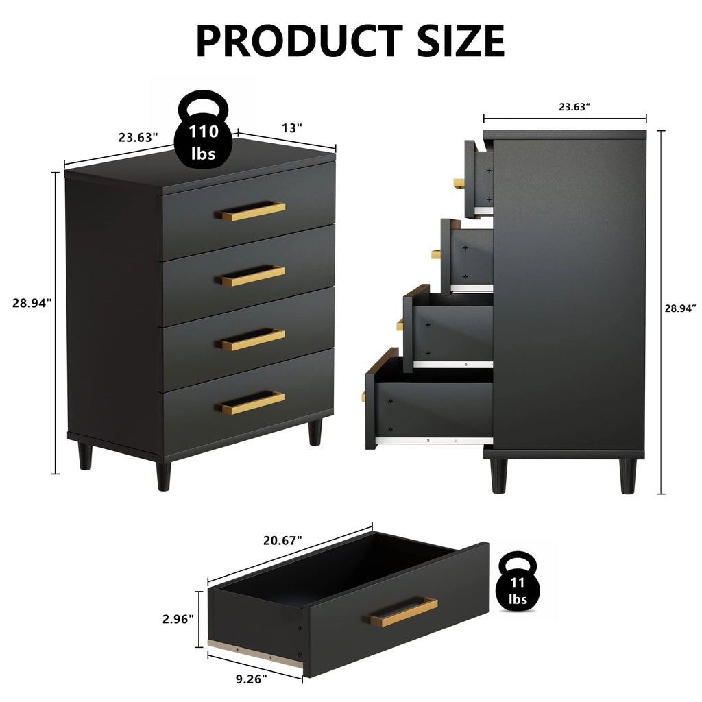AWQM Drawer Dresser, Modern Dresser Chest with 4 Drawers and Metal Handles, for Bedroom, Office, Living Room, Black