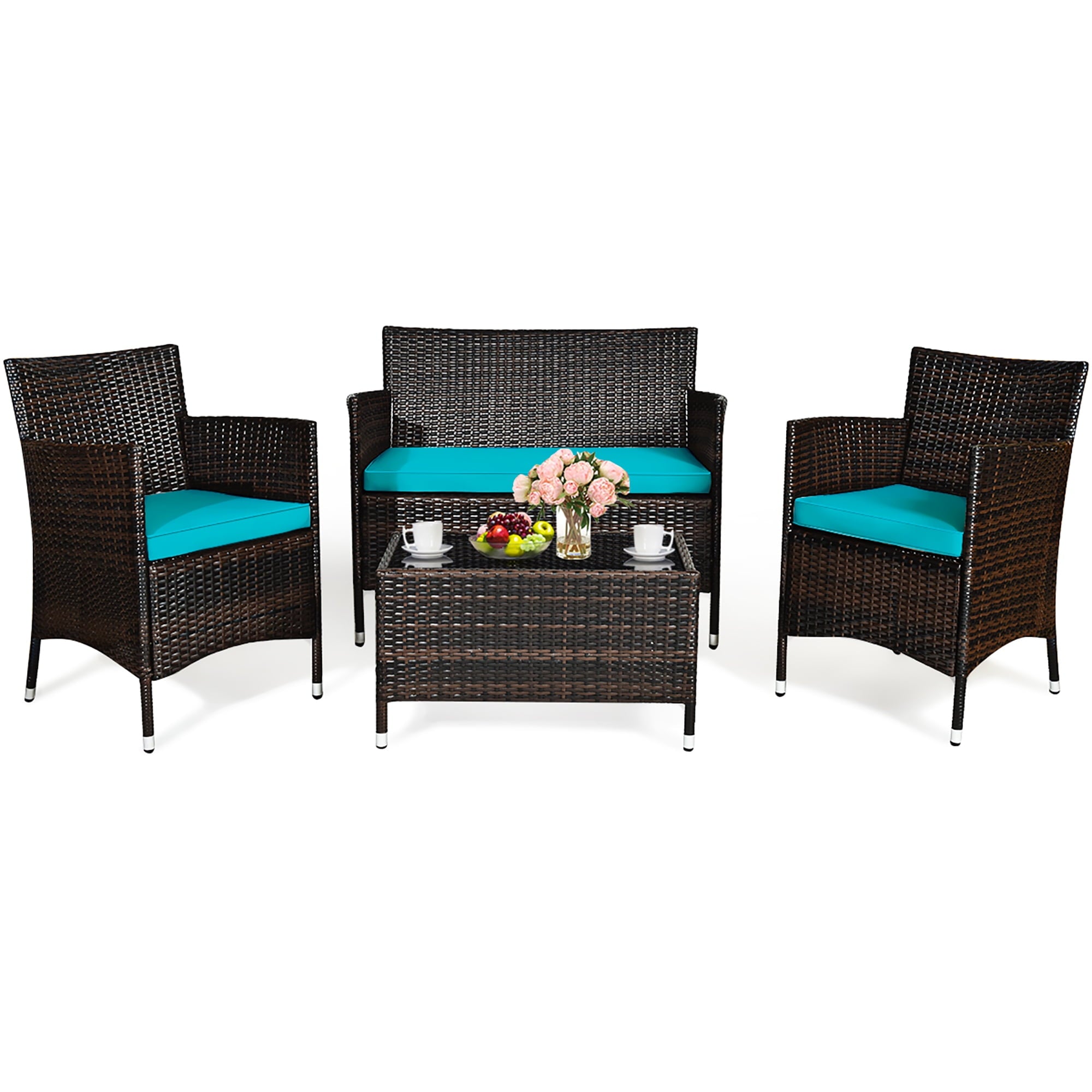 4PCS Outdoor Patio PE Rattan Wicker Table Shelf Sofa Furniture Set With Cushion