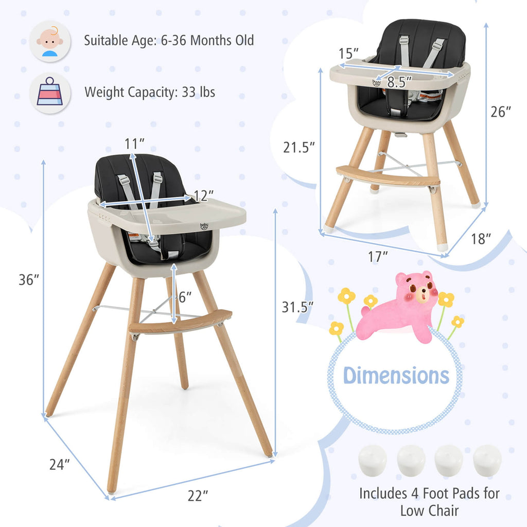 Babyjoy 3 in 1 Convertible Wooden High Chair Toddler Feeding Chair with Cushion Beige