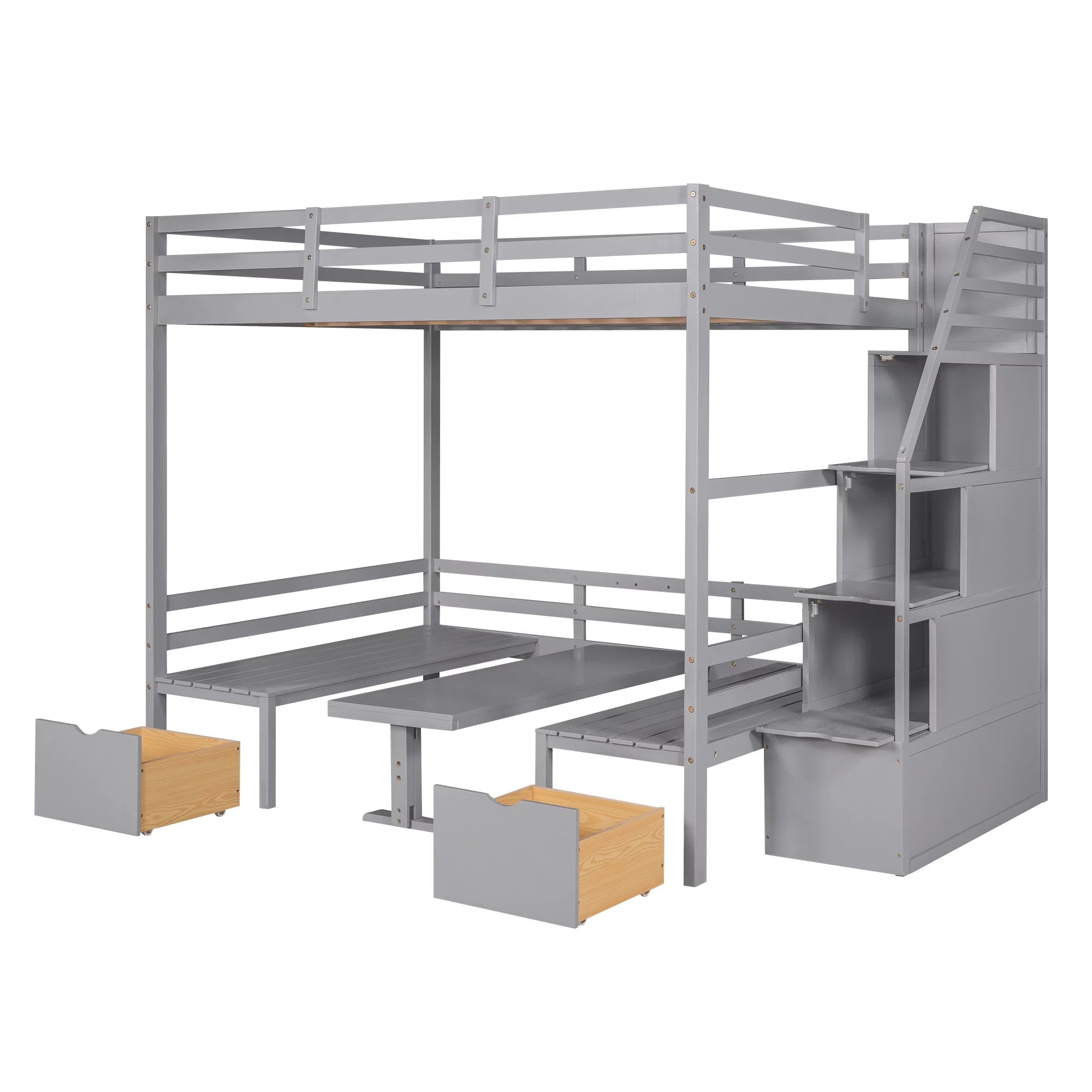Bellemave Full Over Full Bunk Beds with Stairs, Loft Bed with Desk and Seat Can be Turned Into Bunk Bed, Wood Convertible Bunk Bed with 2 Storage Drawers for Kids Teen (Grey)