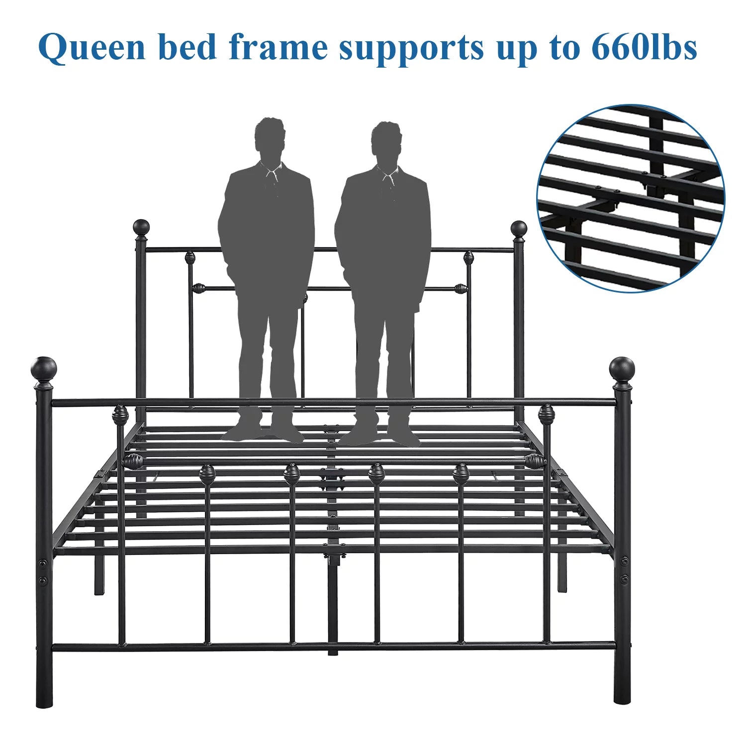 Antique Queen Size Platform Bed with Victorian Iron Headboard/Slats Support