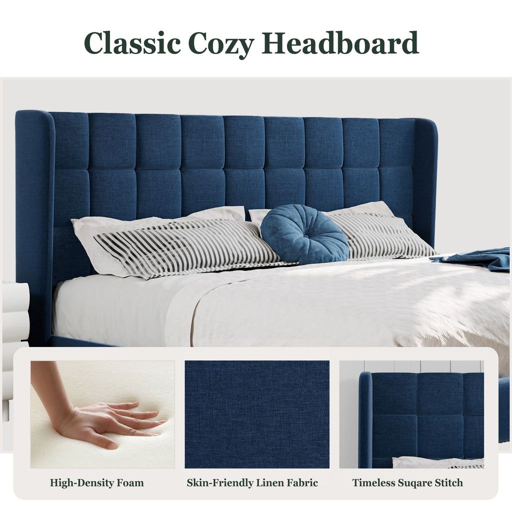 Amolife Queen Size Platform Bed with Wingback Headboard, Square Stitched Style, Dark Grey