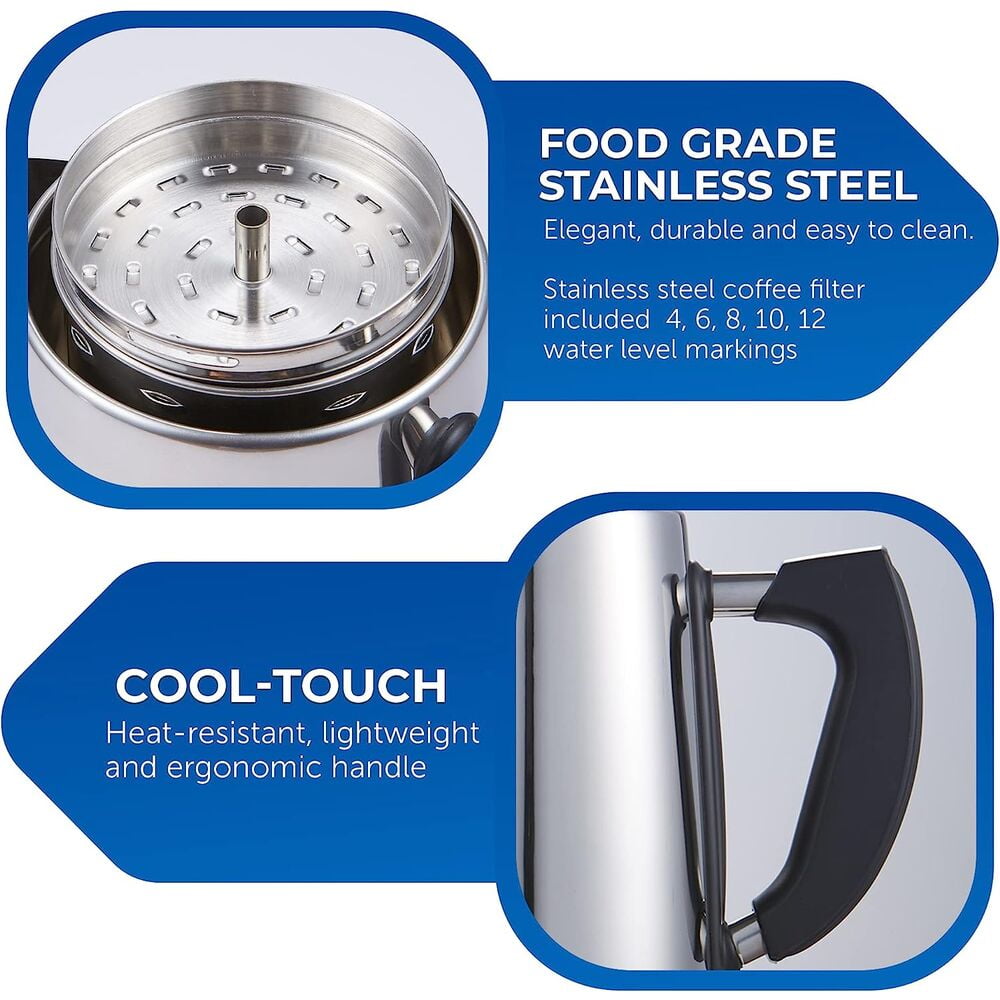 12-Cup Elcteric Coffee Percolator Clear Brew Progress Knob Cool-Touch Handle Cord-less Serve