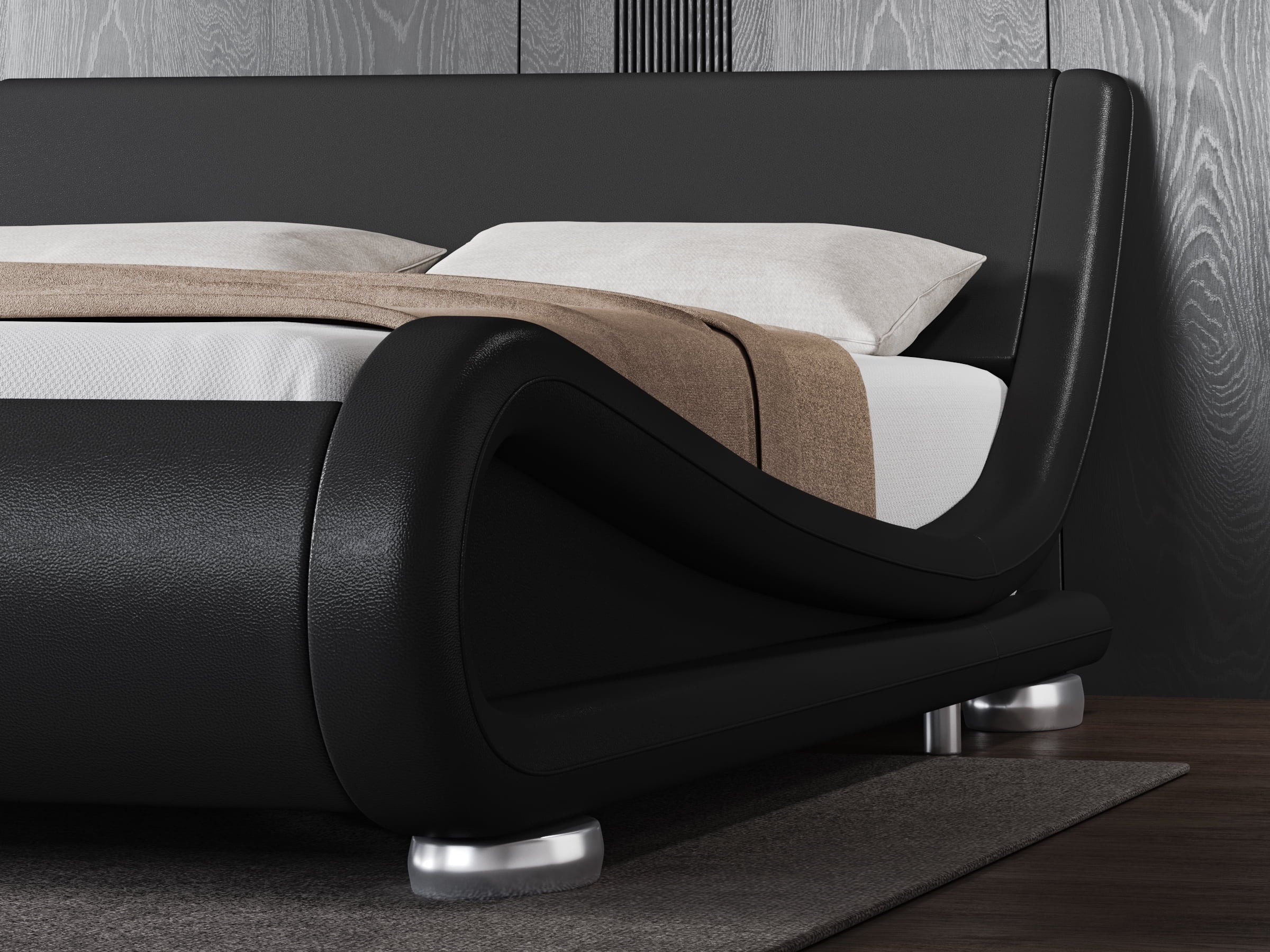 Allewie Queen Size Low Profile Modern Upholstered Platform Bed Frame with Ergonomic & Adjustable Headboard, Black