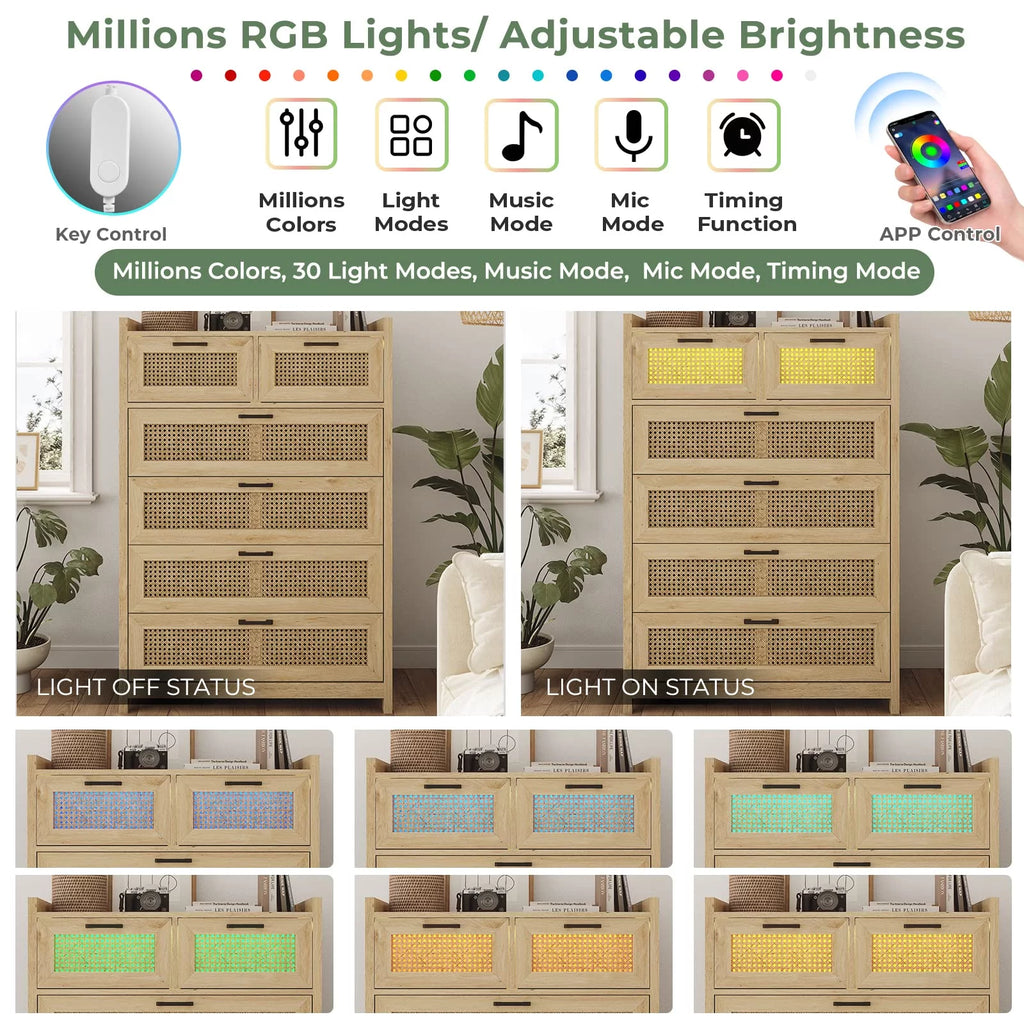 6 Drawer Dresser with Led Light for Bedroom, Natural Rattan Wood Dressers,Tall Dressers & Chests of Drawers,Living Room Entryway Closet Dresser