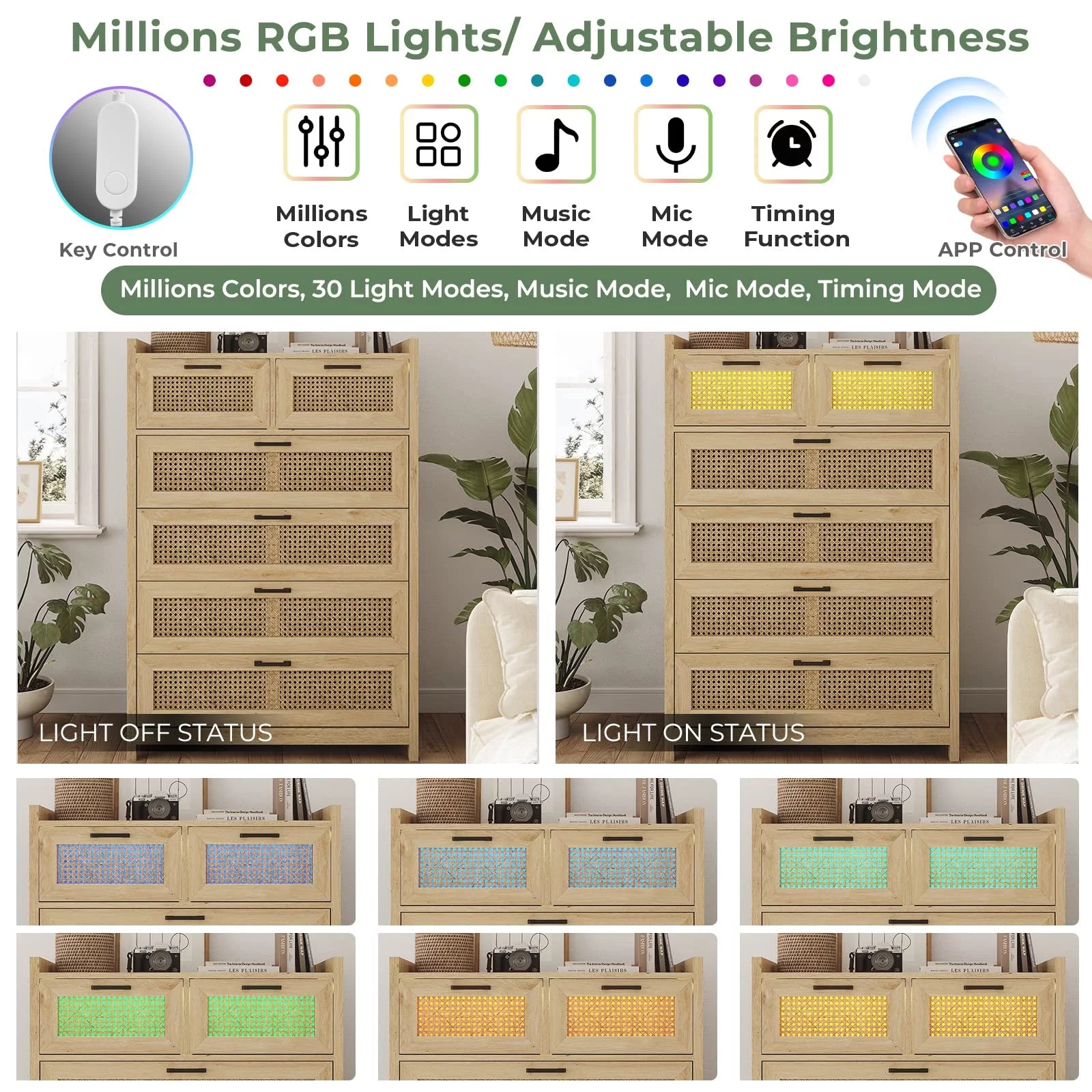 6 Drawer Dresser with Led Light for Bedroom, Natural Rattan Wood Dressers,Tall Dressers & Chests of Drawers,Living Room Entryway Closet Dresser