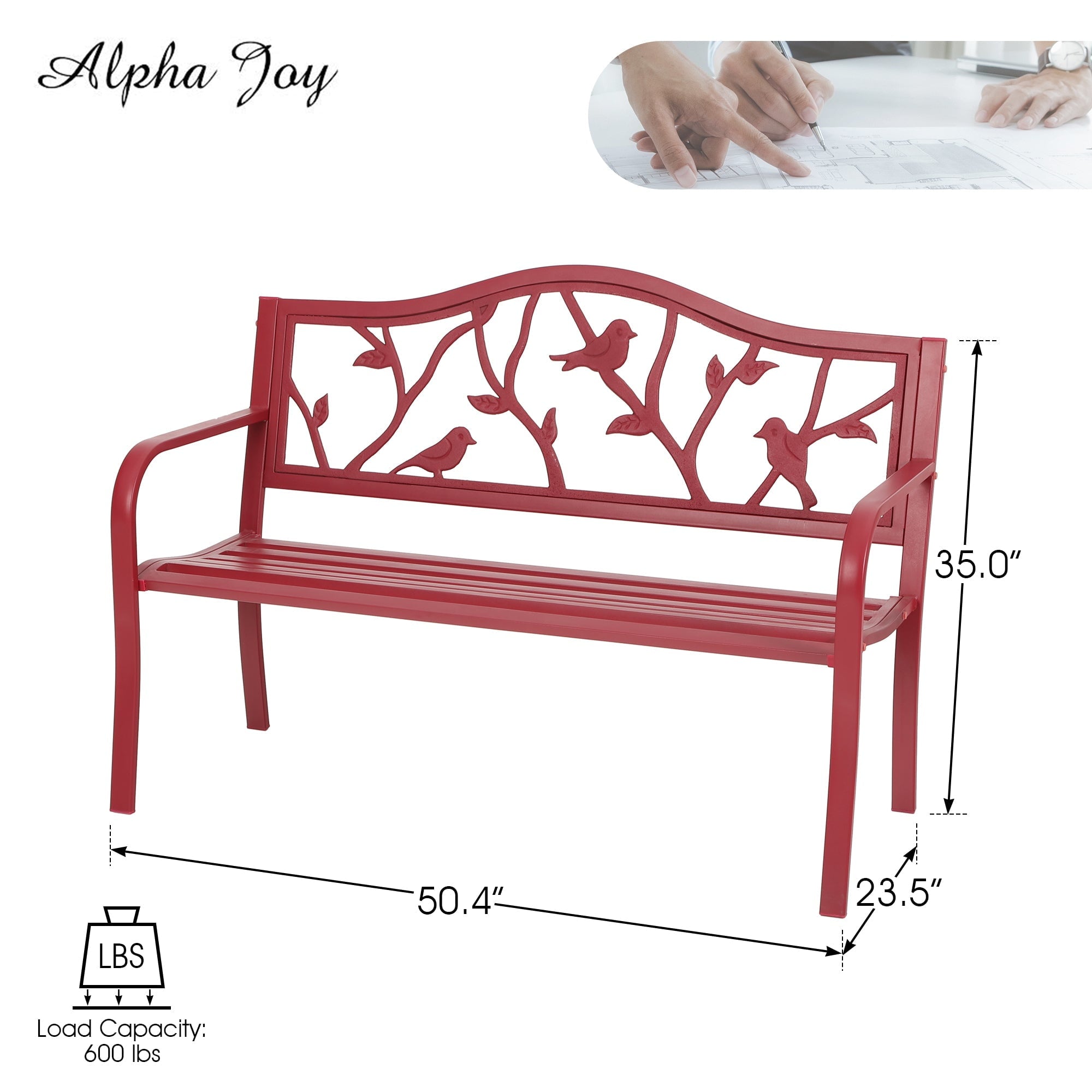 Alpha Joy 50” Outdoor Metal Patio Garden Bench for Lawn, Park, Deck - Red Bird
