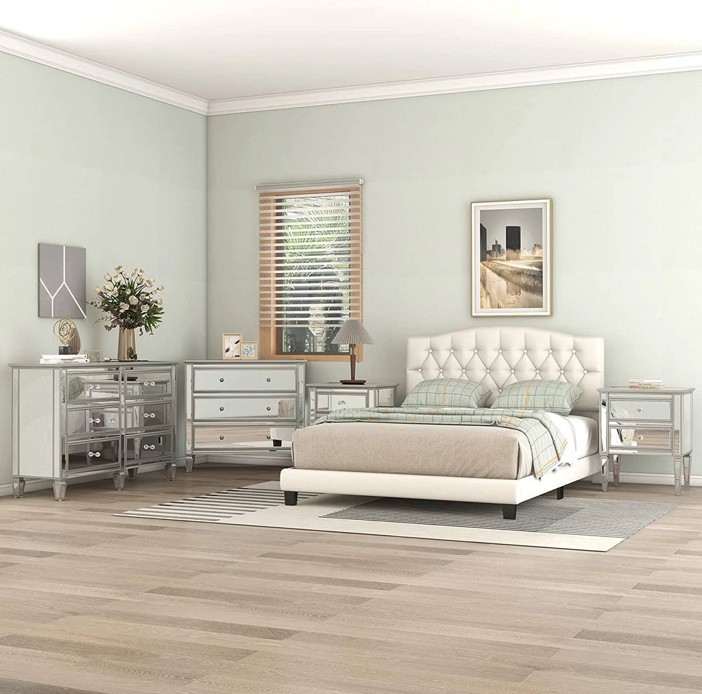 AngLink Linen Curved Upholstered Full Size Platform Bed with Diamond Tufted/Wood Bed Frame/Wood Slats, No Box Spring Needed -Beige, Full