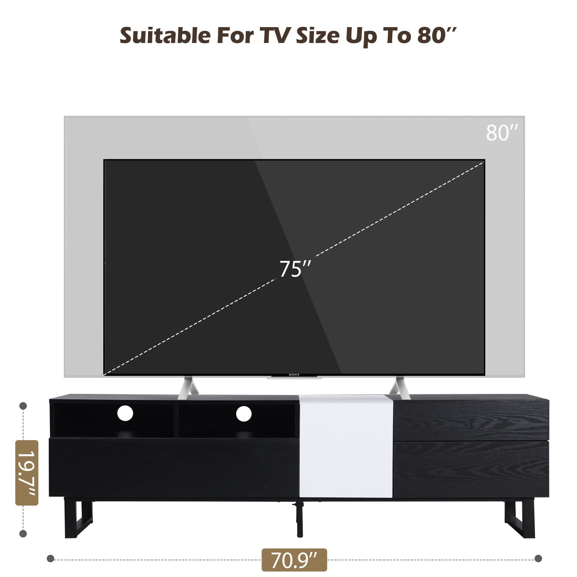 Aukfa Modern TV Stand for 80'' TV, Media Console Table with Drop Down Door for Living Room, Bedroom - Black