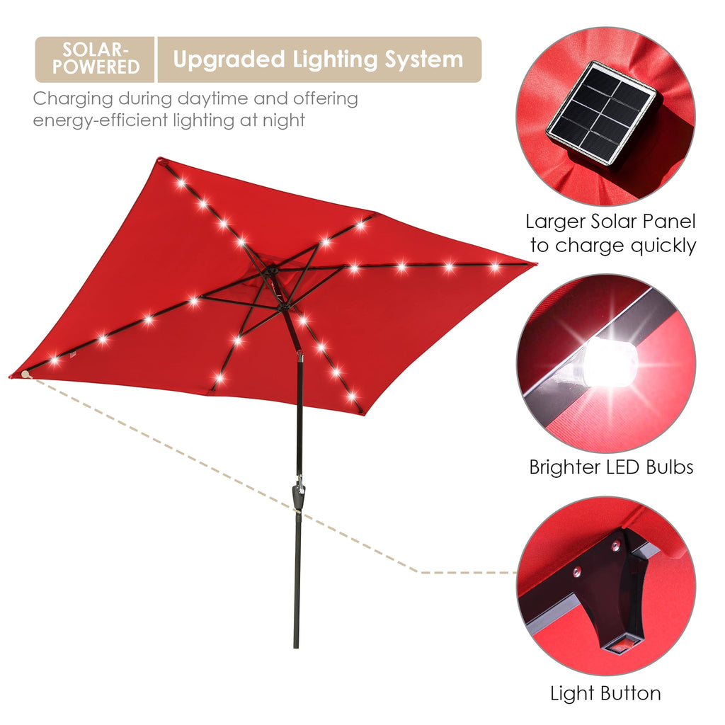 10x6.5ft Rectangle Outdoor Patio Beach Market Aluminium Umbrella Sun Shade Solar Powered Led Light Crank Tilt (Red)