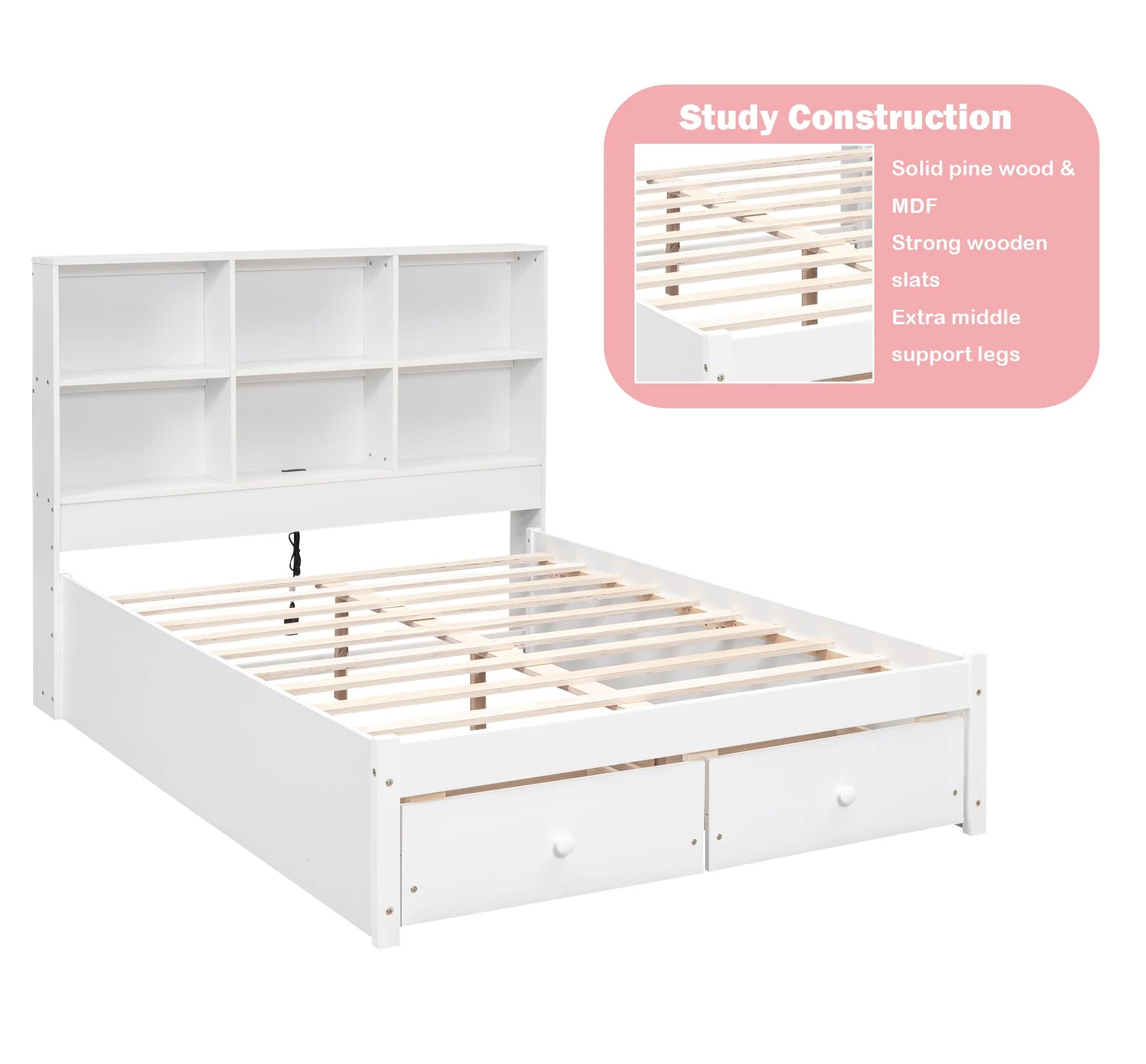 Bellemave Full Size Platform Bed With 2 Drawers and Storage Headboard Full Storage Platform Bed with USB Charging Port and Wooden Slats for Kids, Teens, Adult, no Box Spring Needed, White