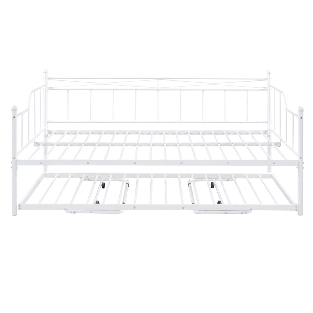Bellemave Full Size Metal Daybed with Twin Size Adjustable Trundle,Portable Folding Trundle,Heavy-Duty Steel Daybed Frame with Pull Down Trundle Bed Space Saving Design(White)
