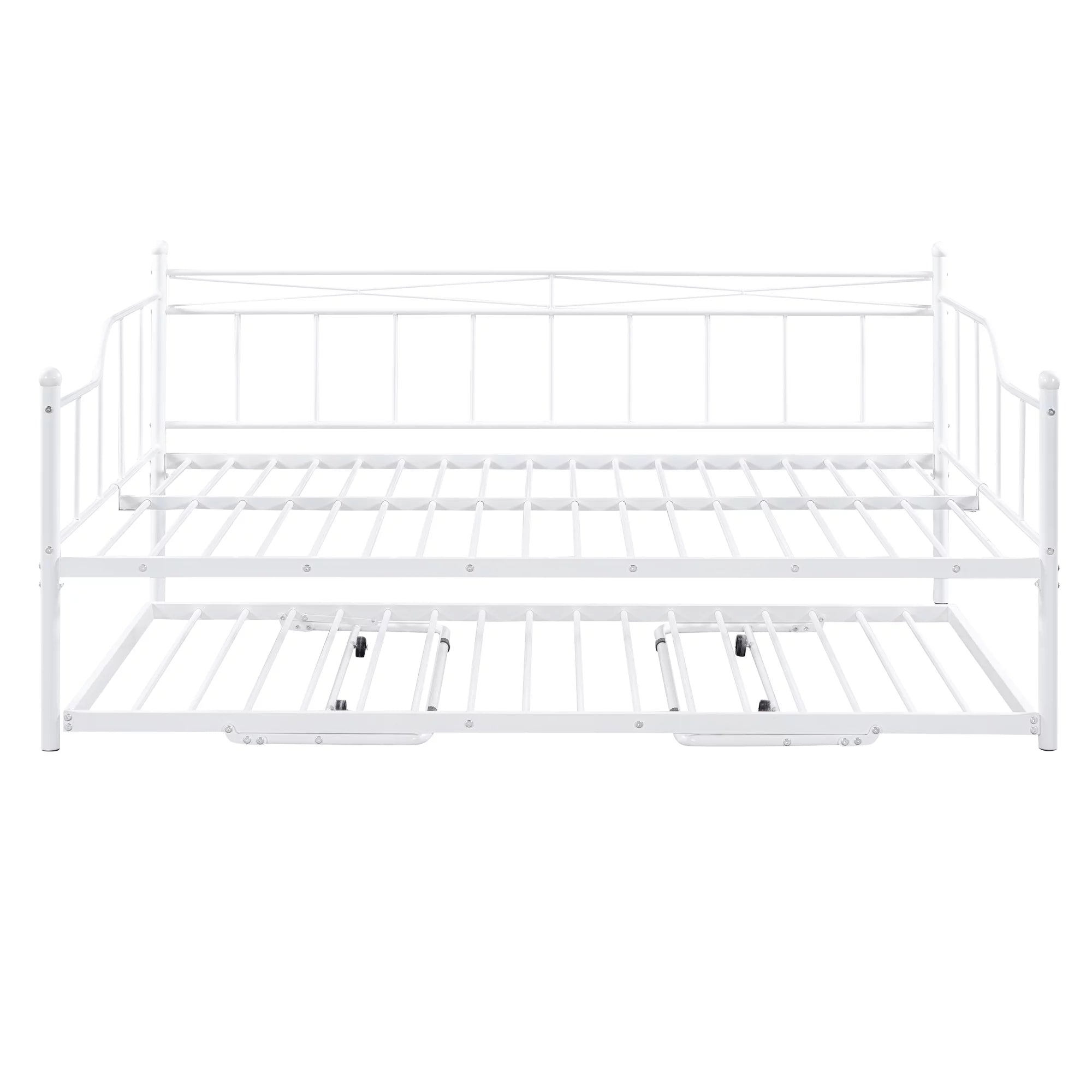 Bellemave Full Size Metal Daybed with Twin Size Adjustable Trundle,Portable Folding Trundle,Heavy-Duty Steel Daybed Frame with Pull Down Trundle Bed Space Saving Design(White)