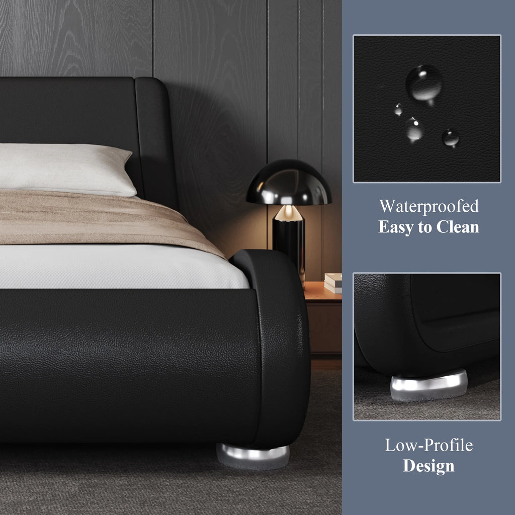 Allewie Queen Size Low Profile Modern Upholstered Platform Bed Frame with Ergonomic & Adjustable Headboard, Black