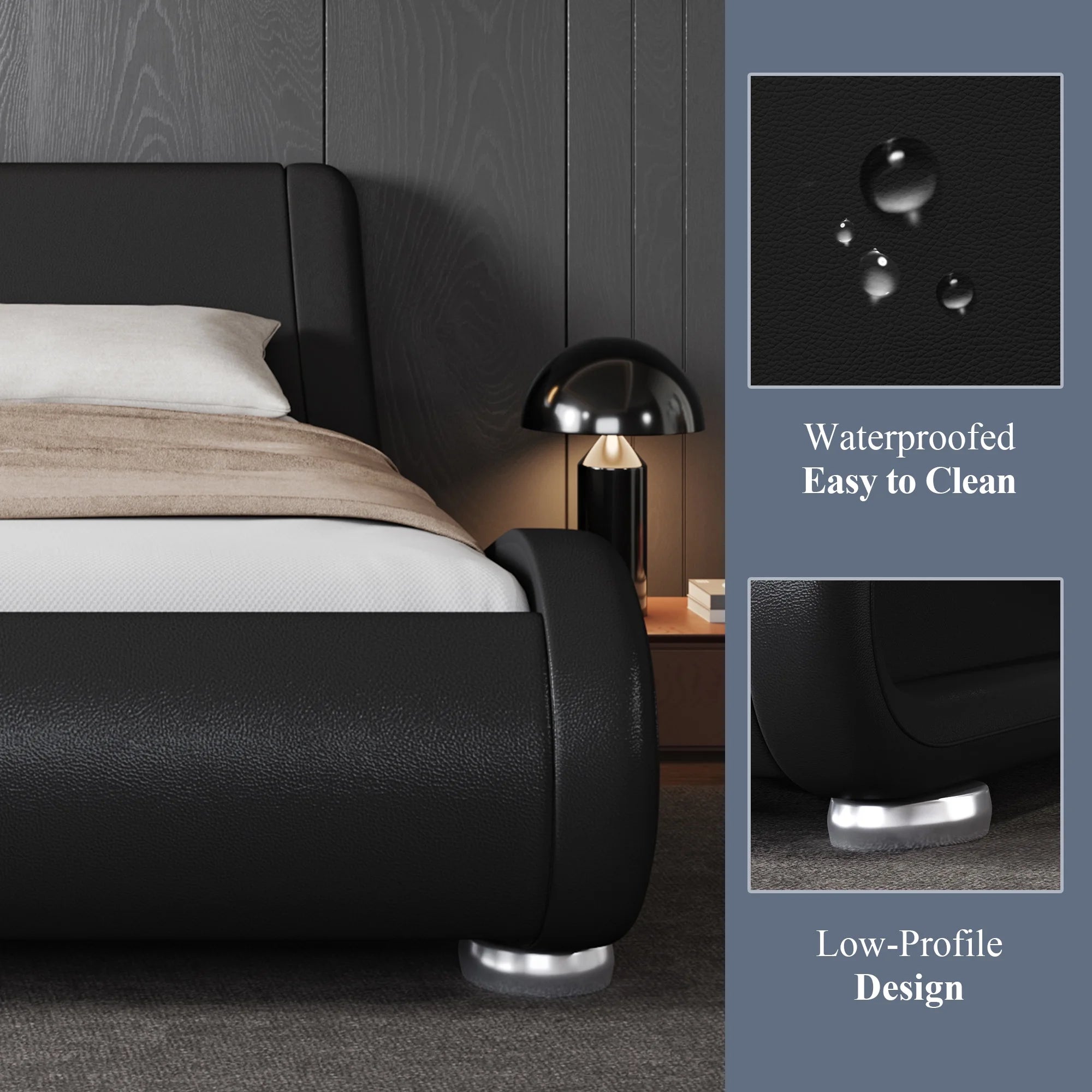 Allewie Queen Size Low Profile Modern Upholstered Platform Bed Frame with Ergonomic & Adjustable Headboard, Black