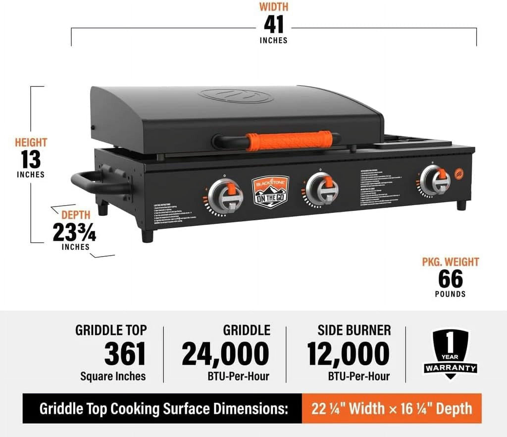 22 inch Blackstone Griddle with Hood and Side Burner, Tabletop Flat Top Grill Propane Powered Portable Gas Grill for Camping and Outdoor BBQ Grill with Blackstone Seasoning, and Wholesalehome Gloves